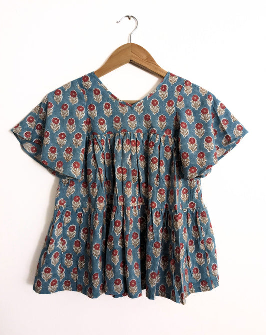 Girls Cotton Flowy Dress, Teal Colour with Red Floral Print -2y,4y, 6y - Front