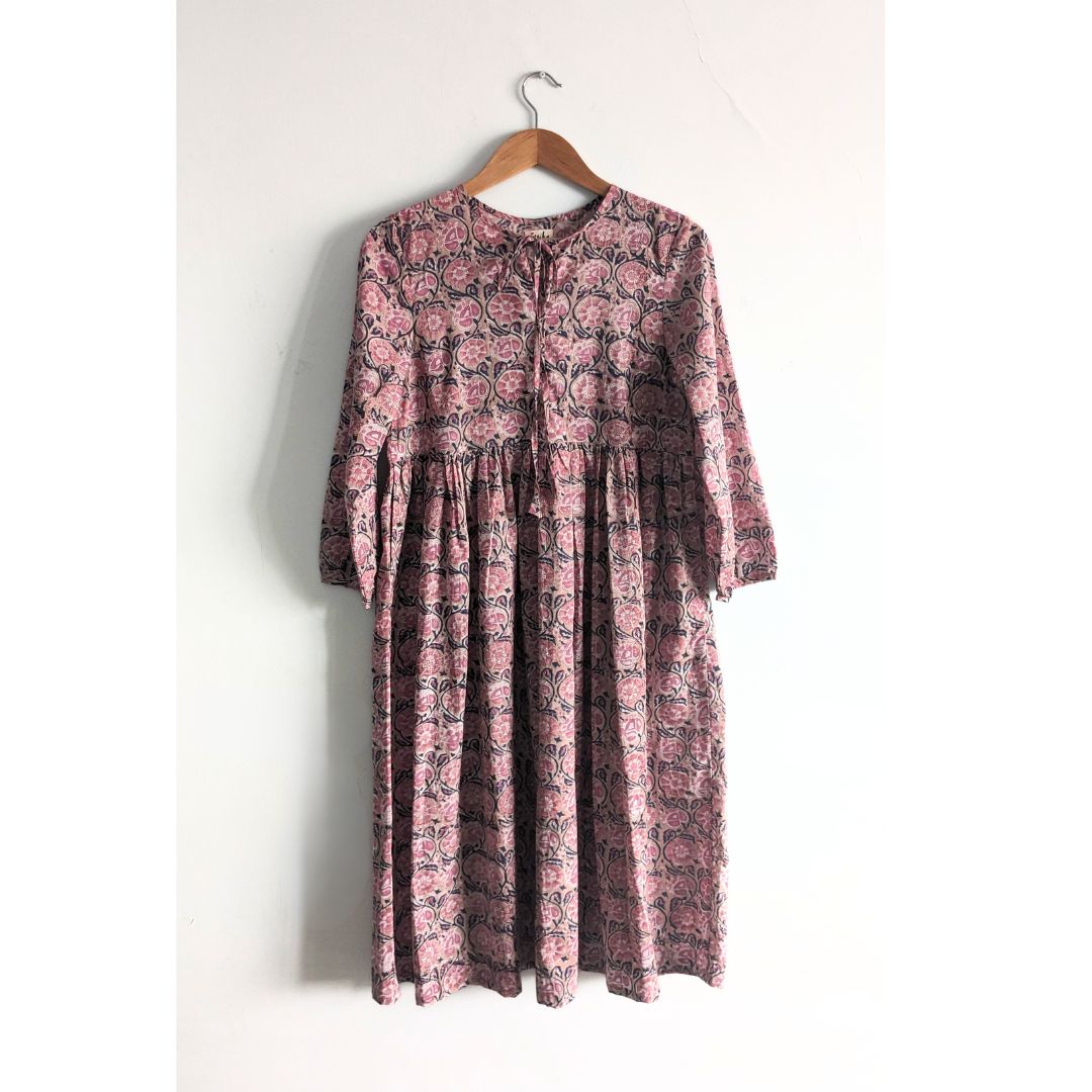 Women's Cotton  Dress  with long Sleeves, Pink and Sandal -  Front Image 2