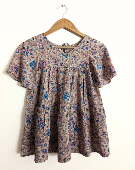 Girls Cotton Flowy Dress in Brown, Pink & Blue Print -2y,4y, 6y - Front