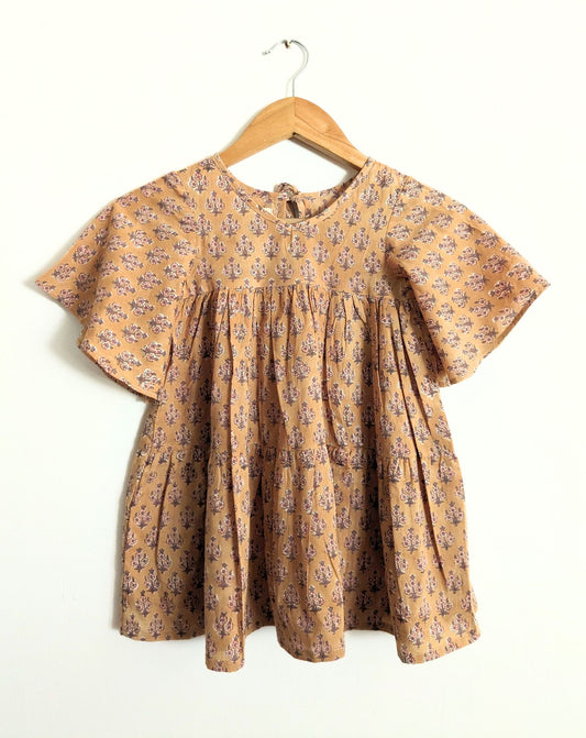 Girls Cotton Flowy Dress in Brown and Lavender, Floral Print - 2y, 4y, 6y - Front