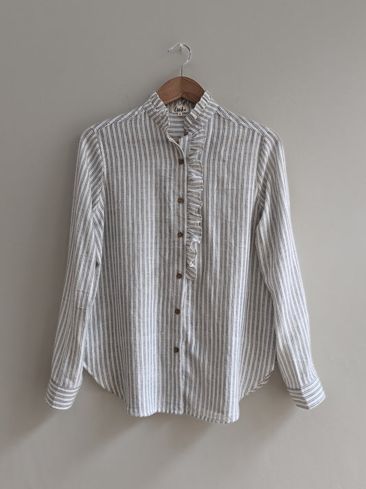 Women's cotton full sleeves ruffle shirt in stripes - front image