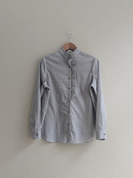 Women's full sleeves cotton ruffle shirt in grey & blue - front image