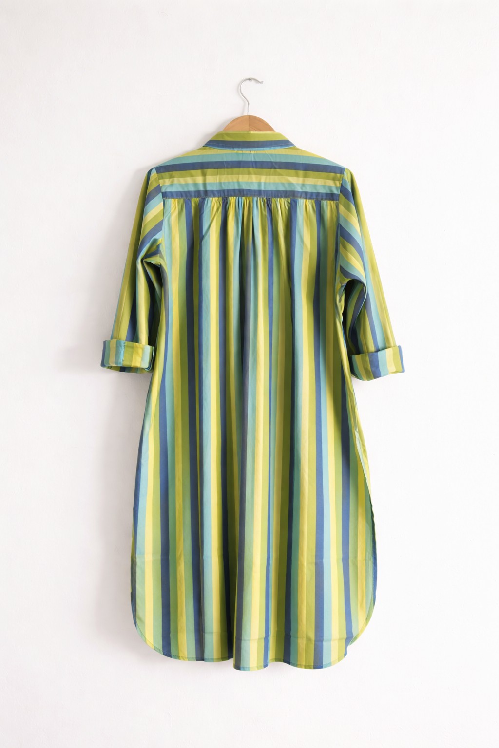 Women's cotton regular kurta, long sleeves with cuff and collar neck in blue and green stripes - back image