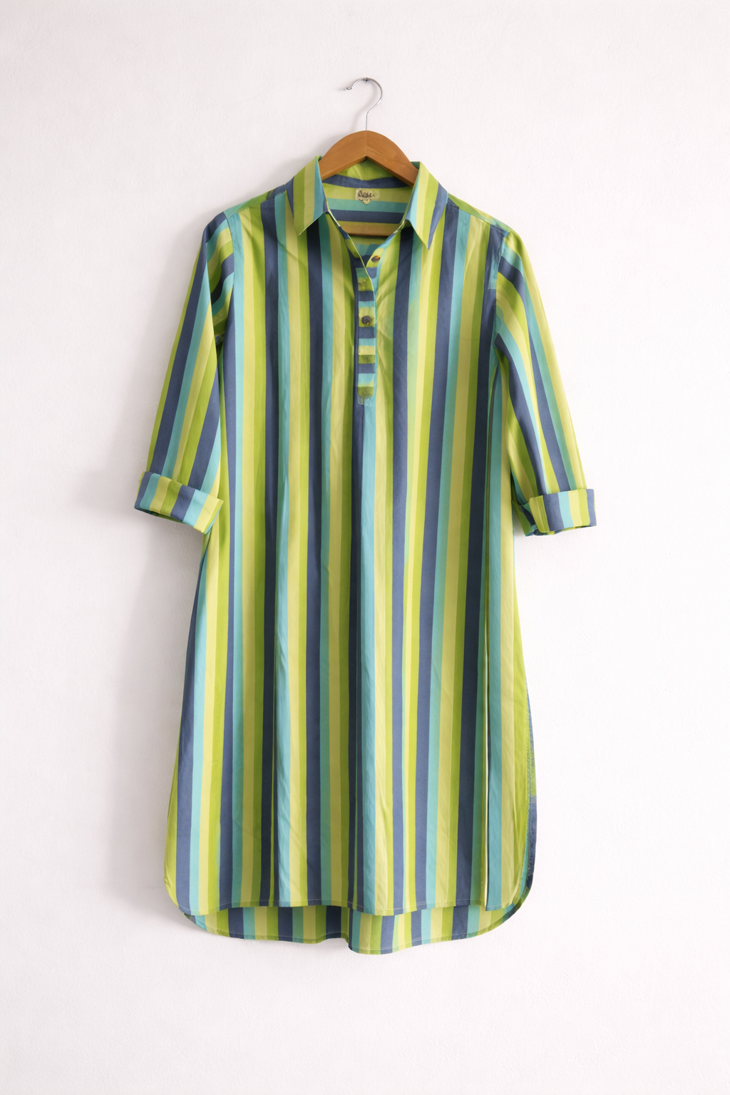 Women's cotton regular kurta, long sleeves with cuff and collar neck in blue and green stripes - front image