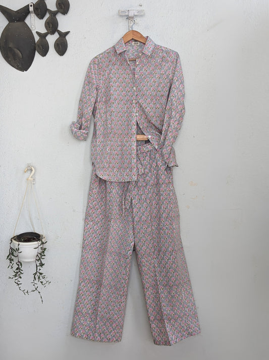 Women's Cotton Shirt and Pants , Co-ord set. Regular full sleeves shirt and long flared pants. - Front Image