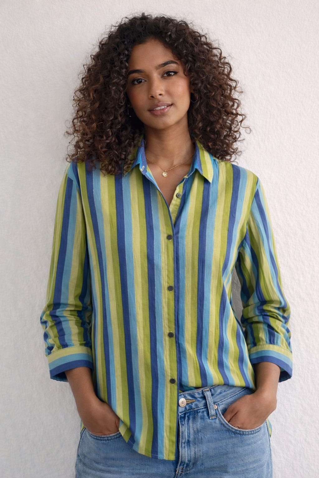 Women’s cotton oversized shirt in blue-green stripes, with full sleeves - model image