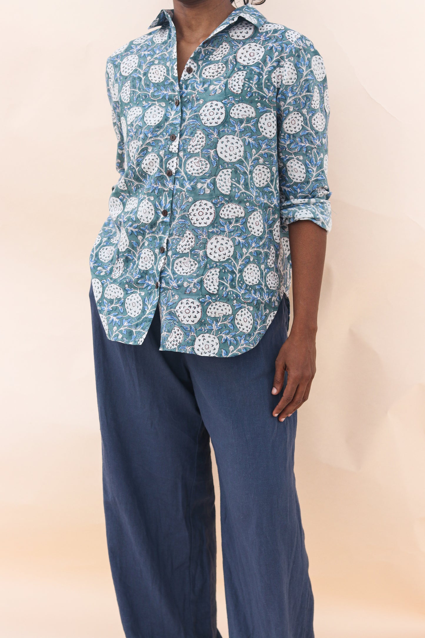 Women's Regular Block Print Cotton Shirt, Full Sleeves in Dark Teal  - Model Image