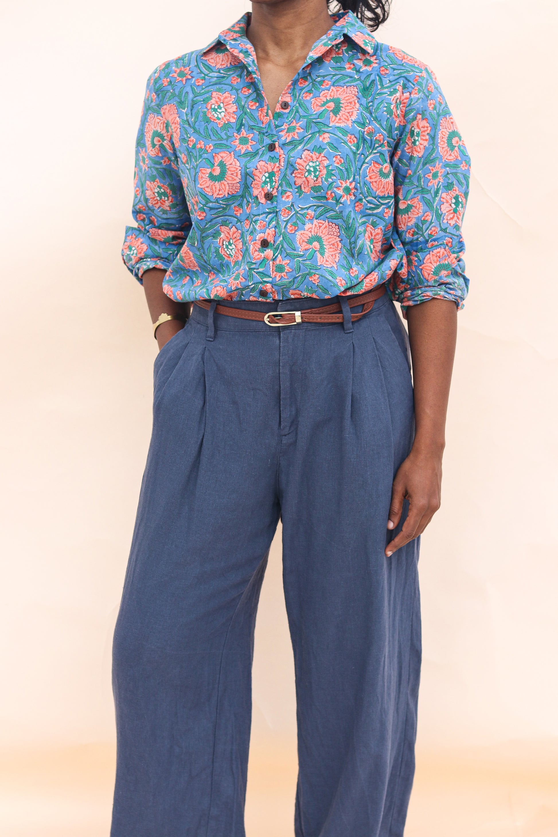 Women's Regular Block Print Shirt in Blue and Red, Full Sleeves - Model Front View