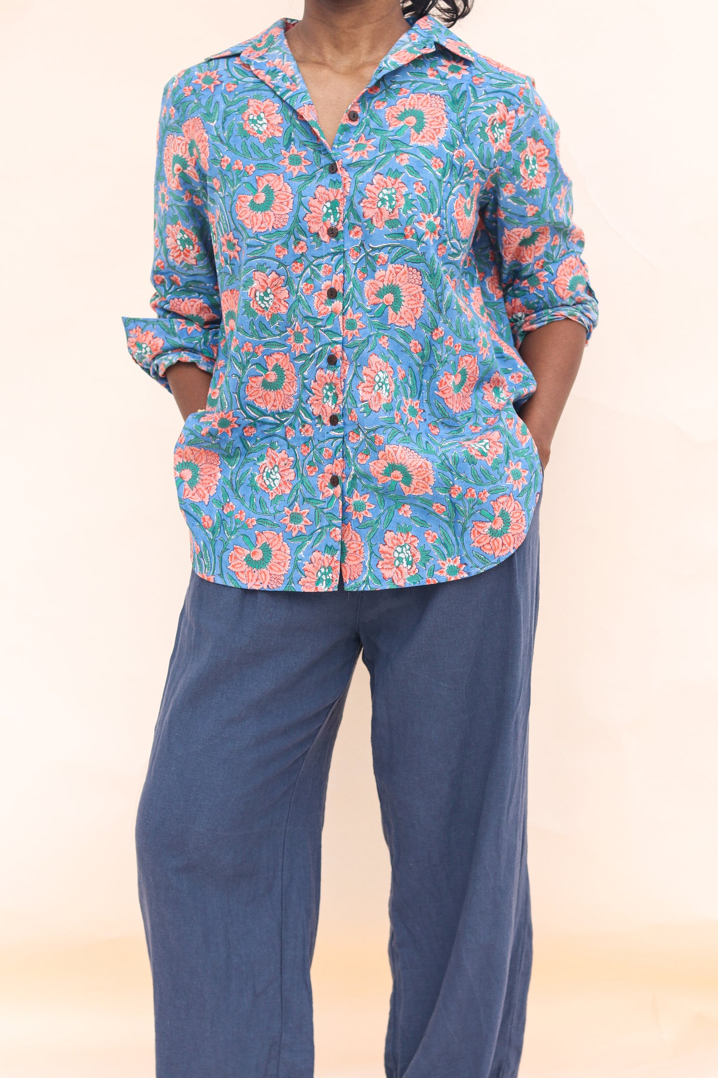 Women's Regular Block Print Shirt in Blue and Red, Full Sleeves - Model Front View