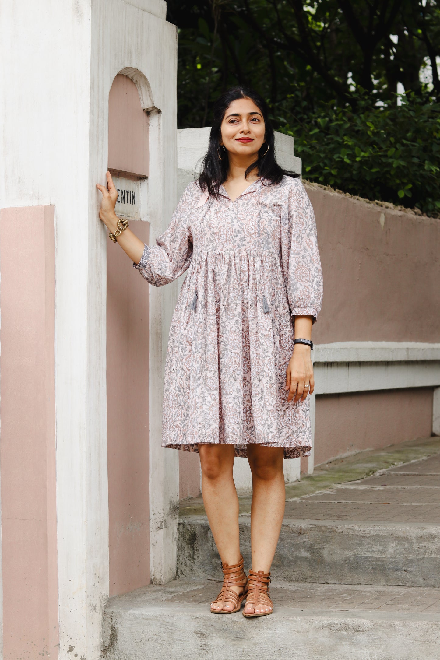 Women's Cotton Short Dress | Block Print | Sand Rose with 3/4th sleeves - Full Image