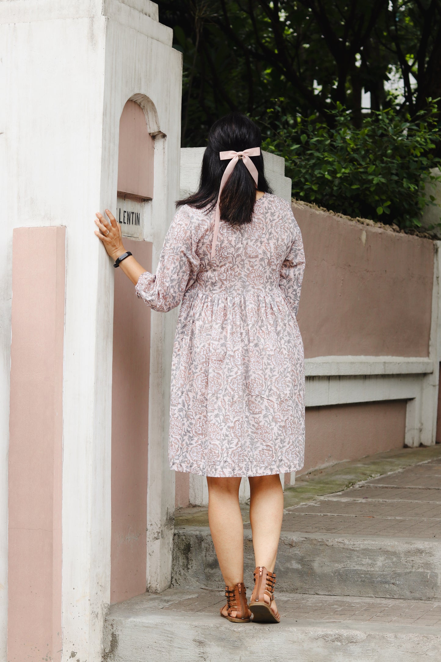 Women's Cotton Short Dress | Block Print | Sand Rose with 3/4th sleeves - Back Image