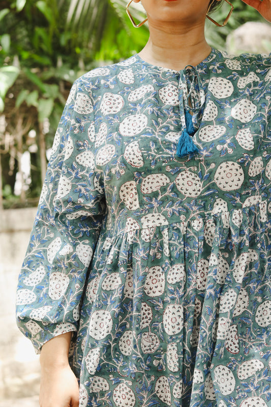 Women's Cotton Short Dress | Block Print | Green  with 3/4th sleeves - close-up image