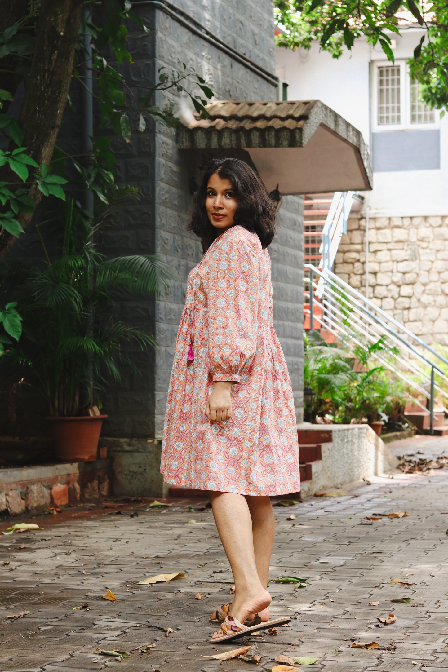 Women's Cotton Short Dress | Block Print | Orange with 3/4th sleeves - side image