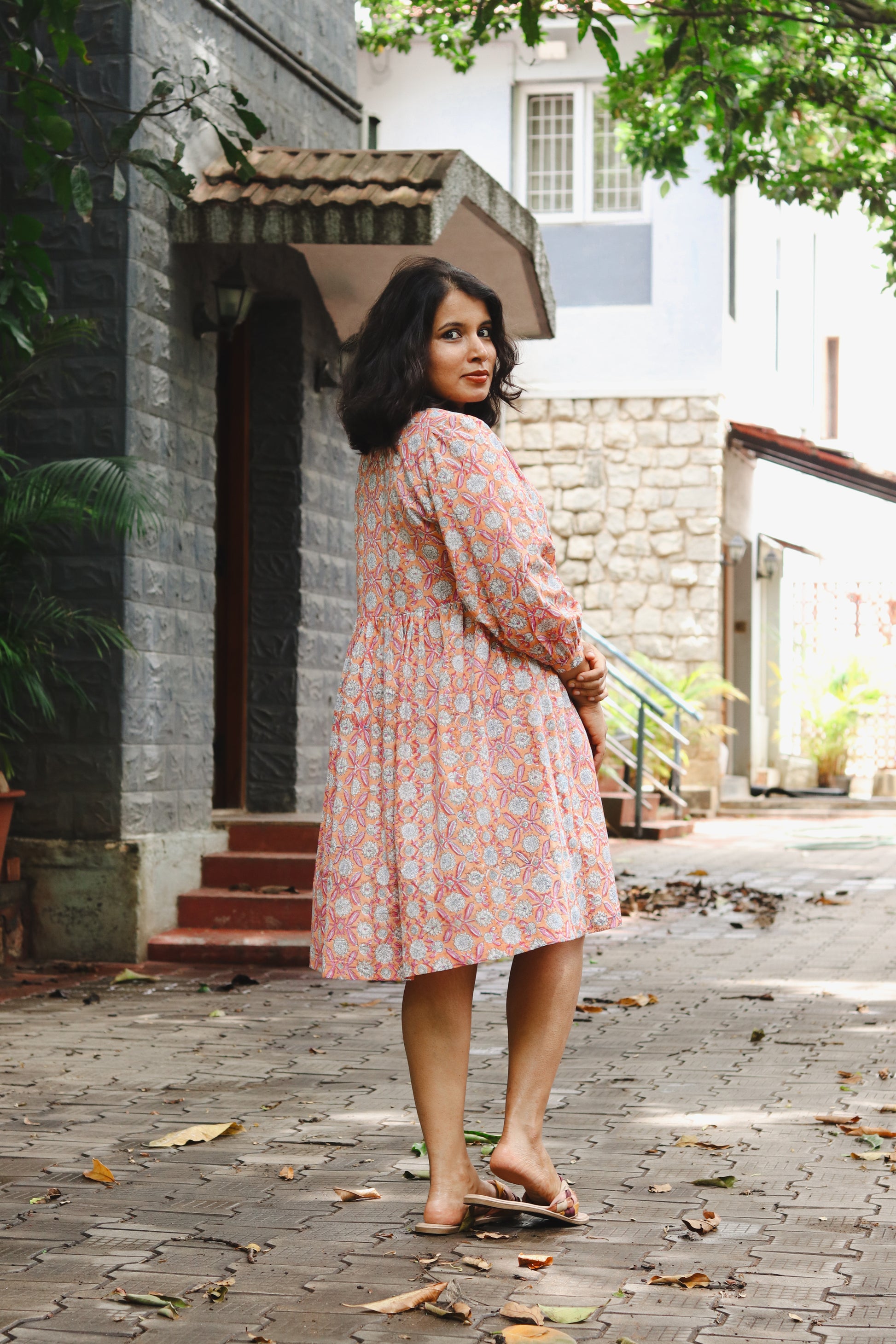 Women's Cotton Short Dress | Block Print | Orange with 3/4th sleeves - side image