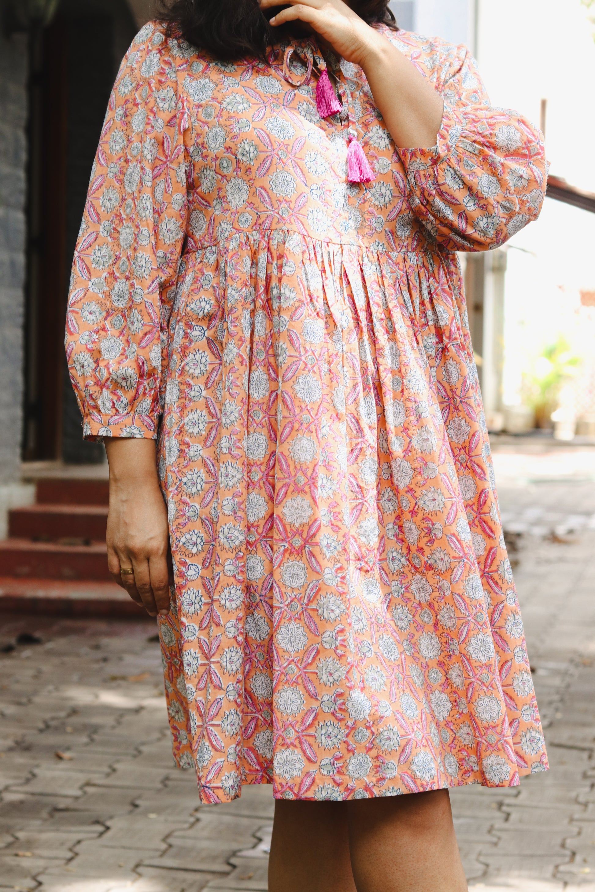 Women's Cotton Short Dress | Block Print | Orange with 3/4th sleeves - close-up image