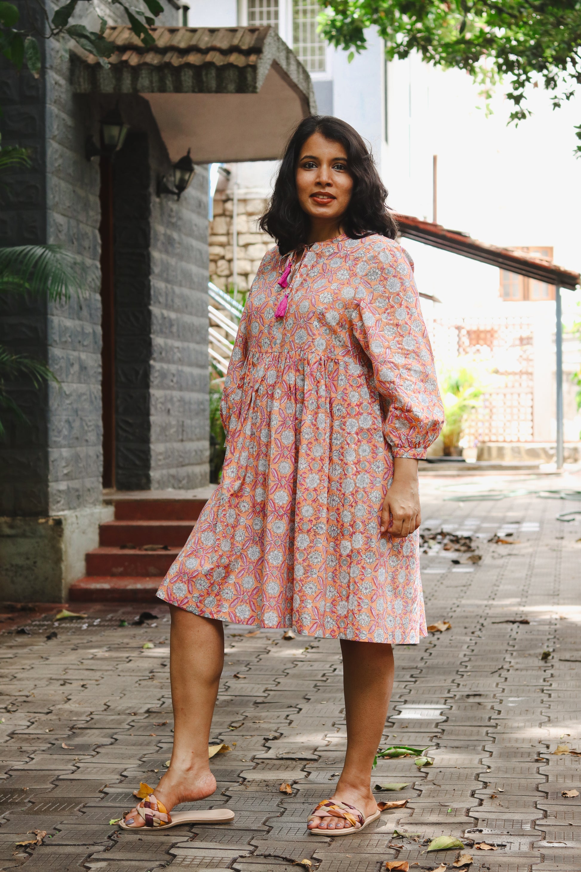 Women's Cotton Short Dress | Block Print | Orange with 3/4th sleeves - full image