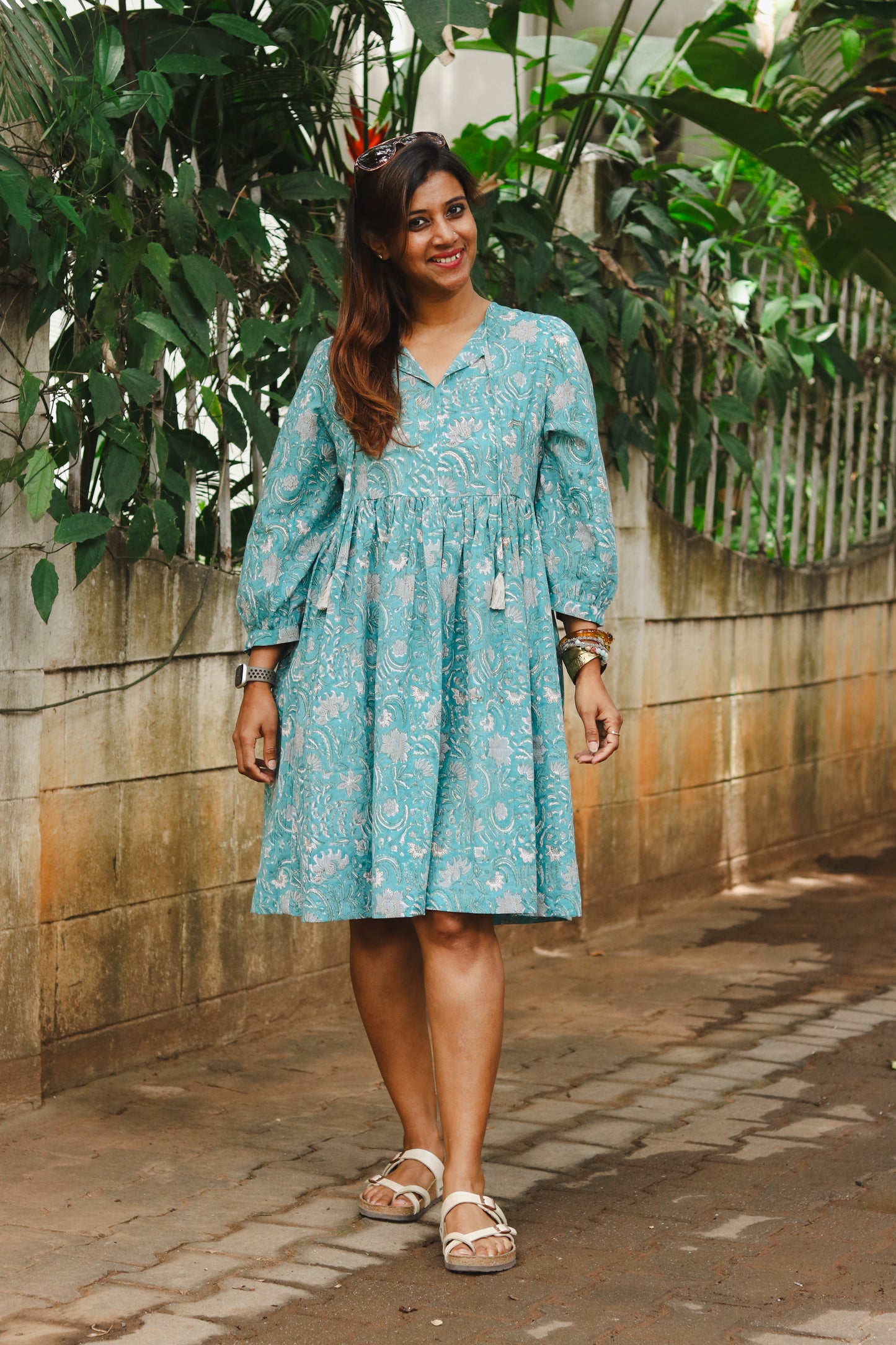 Women's Cotton Short Dress | Block Print | Peacock Blue  with 3/4th sleeves - full image