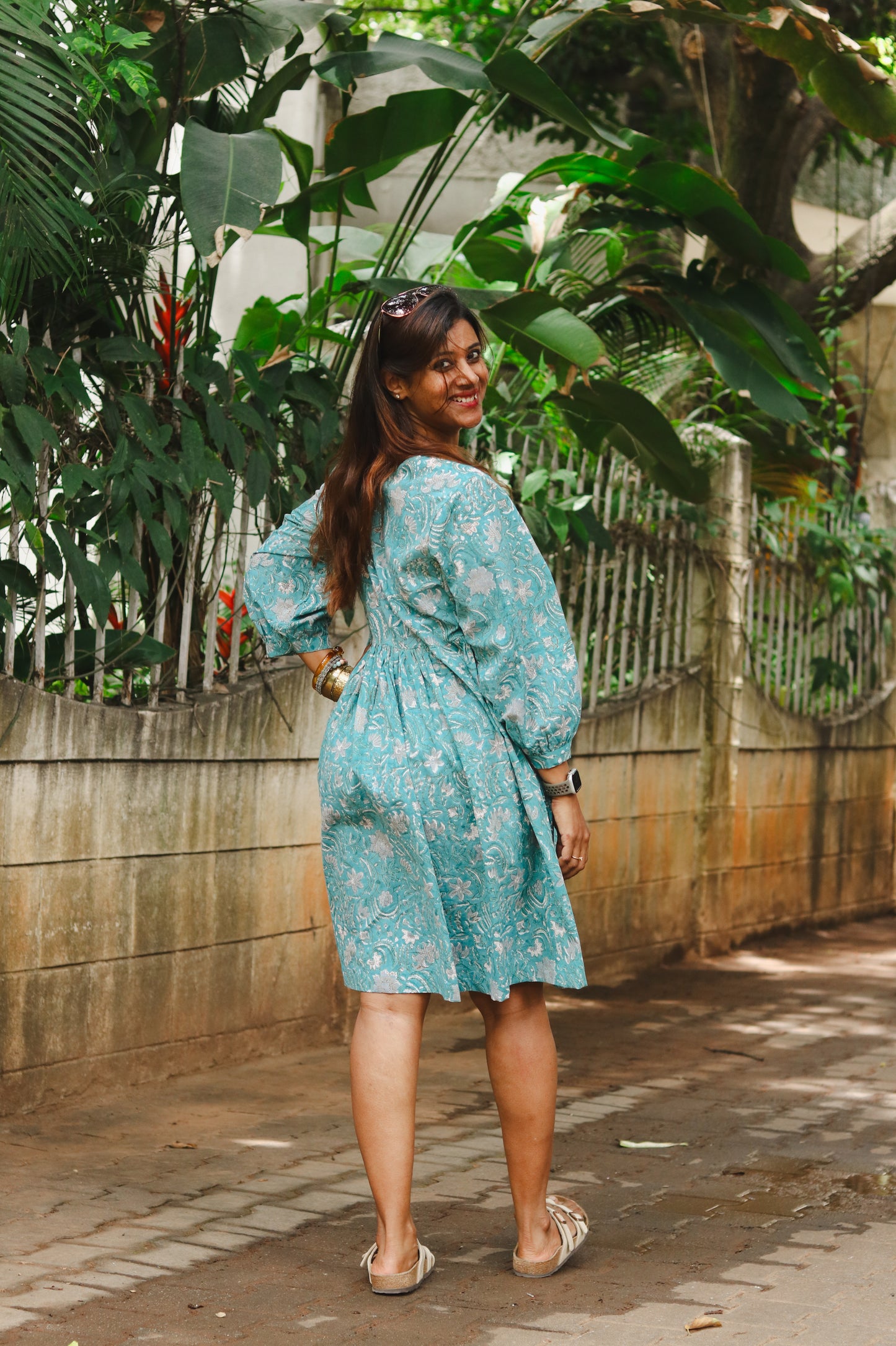 Women's Cotton Short Dress | Block Print | Peacock Blue  with 3/4th sleeves - back image