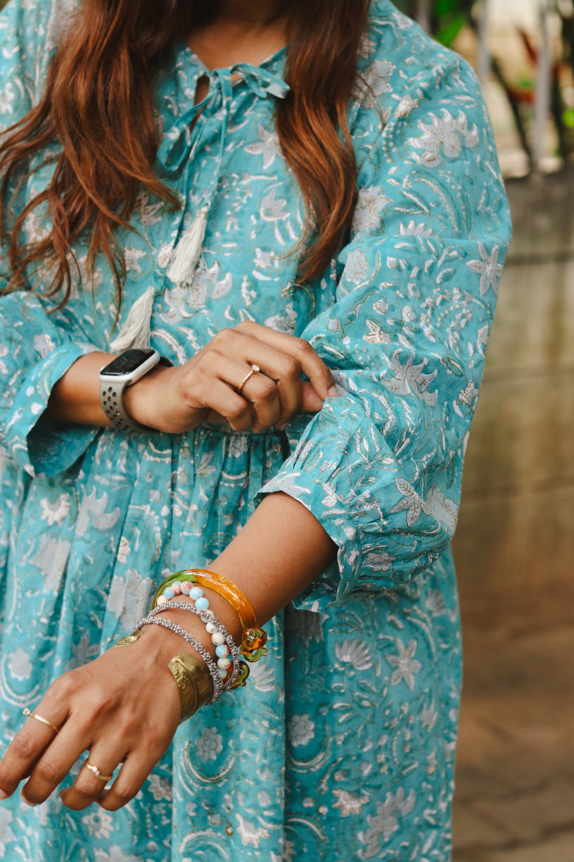 Women's Cotton Short Dress | Block Print | Peacock Blue  with 3/4th sleeves -  close-up image