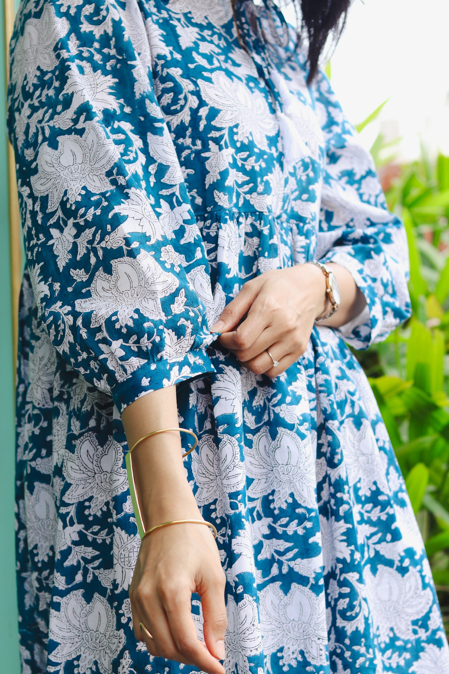 Women's Cotton Short Dress | Block Print | Peacock green with 3/4th sleeves - close-up image