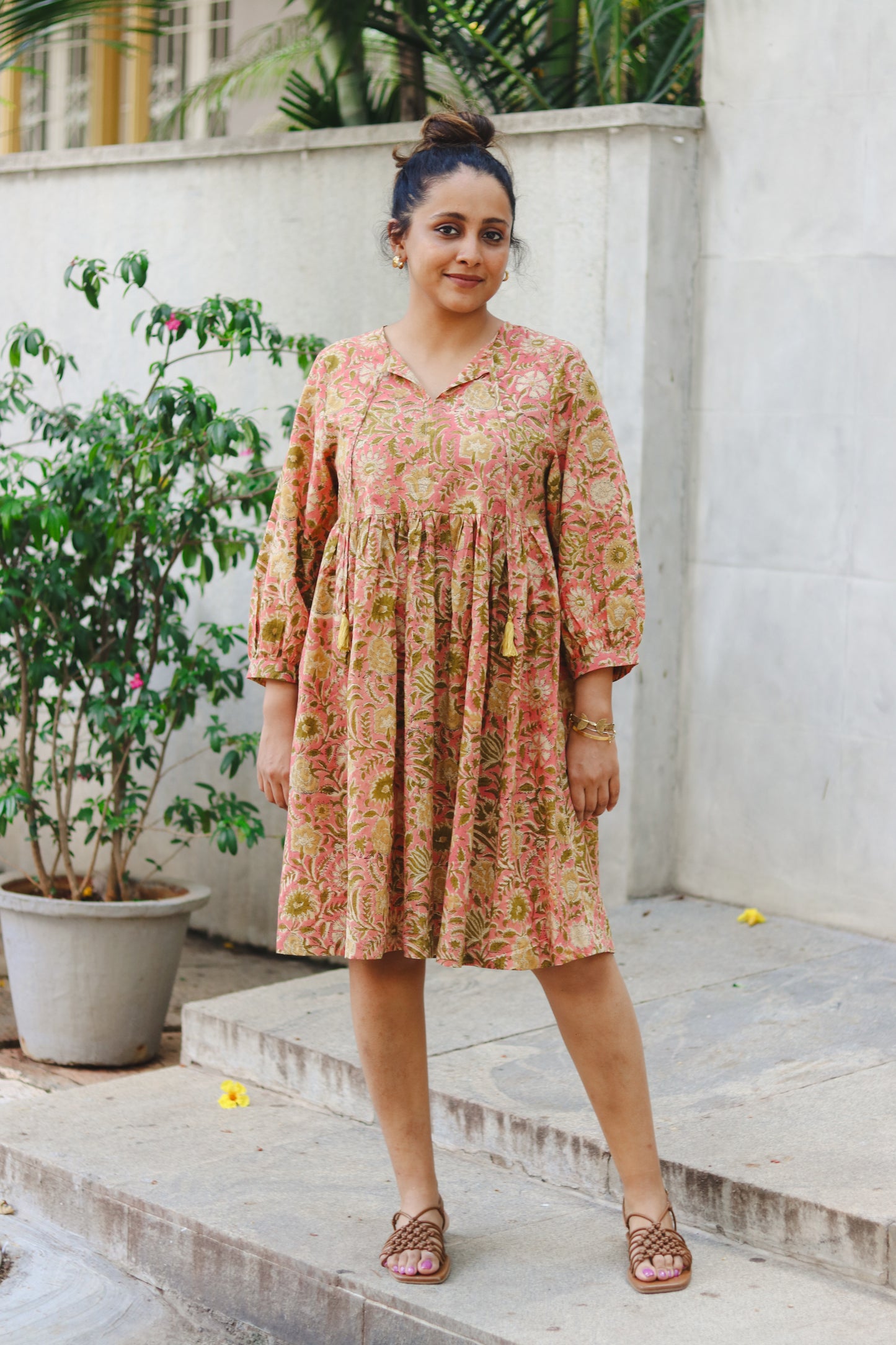 Women's Cotton Short Dress | Block Print | Pink & Green with 3/4th sleeves - full image