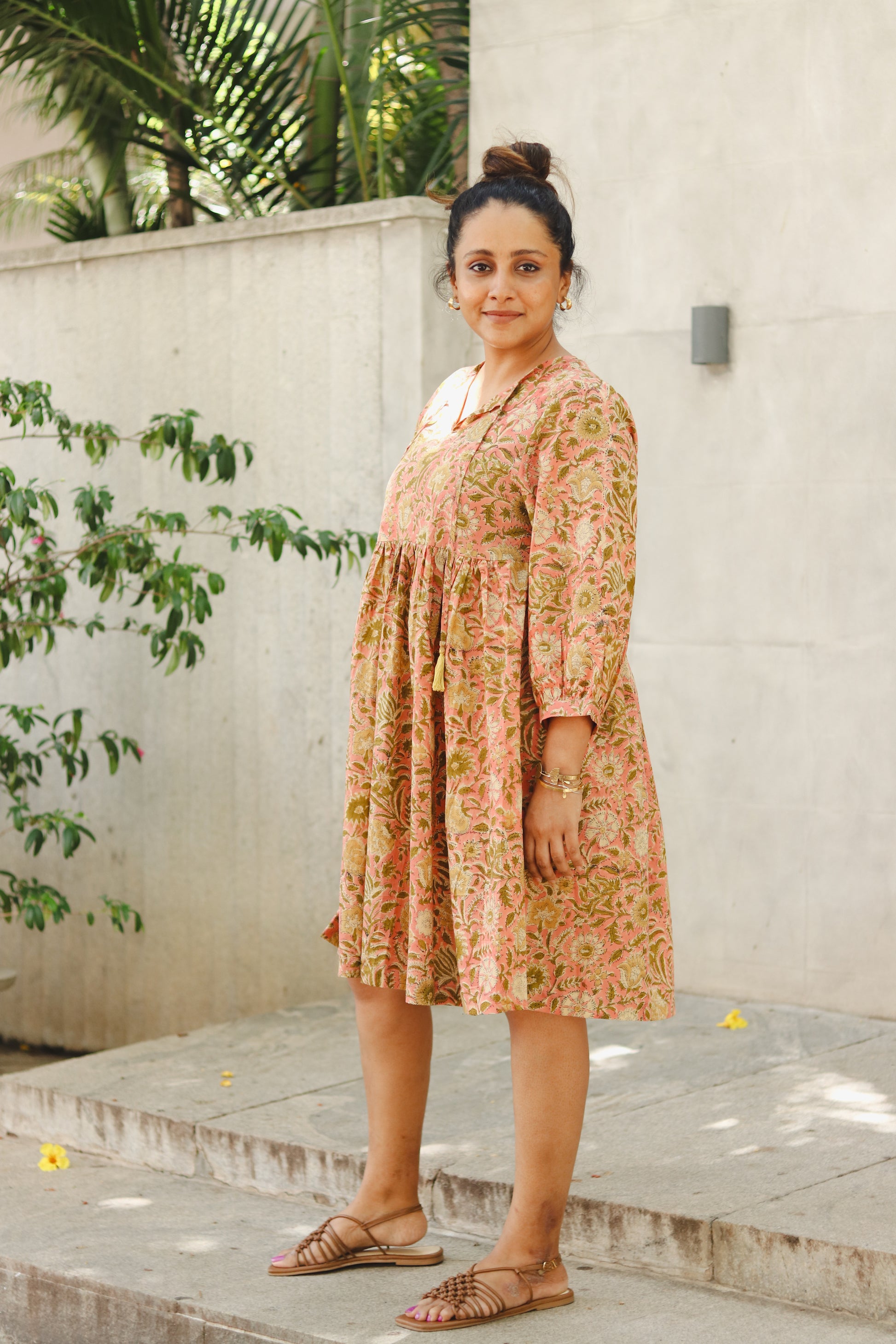 Women's Cotton Short Dress | Block Print | Pink & Green with 3/4th sleeves - side image