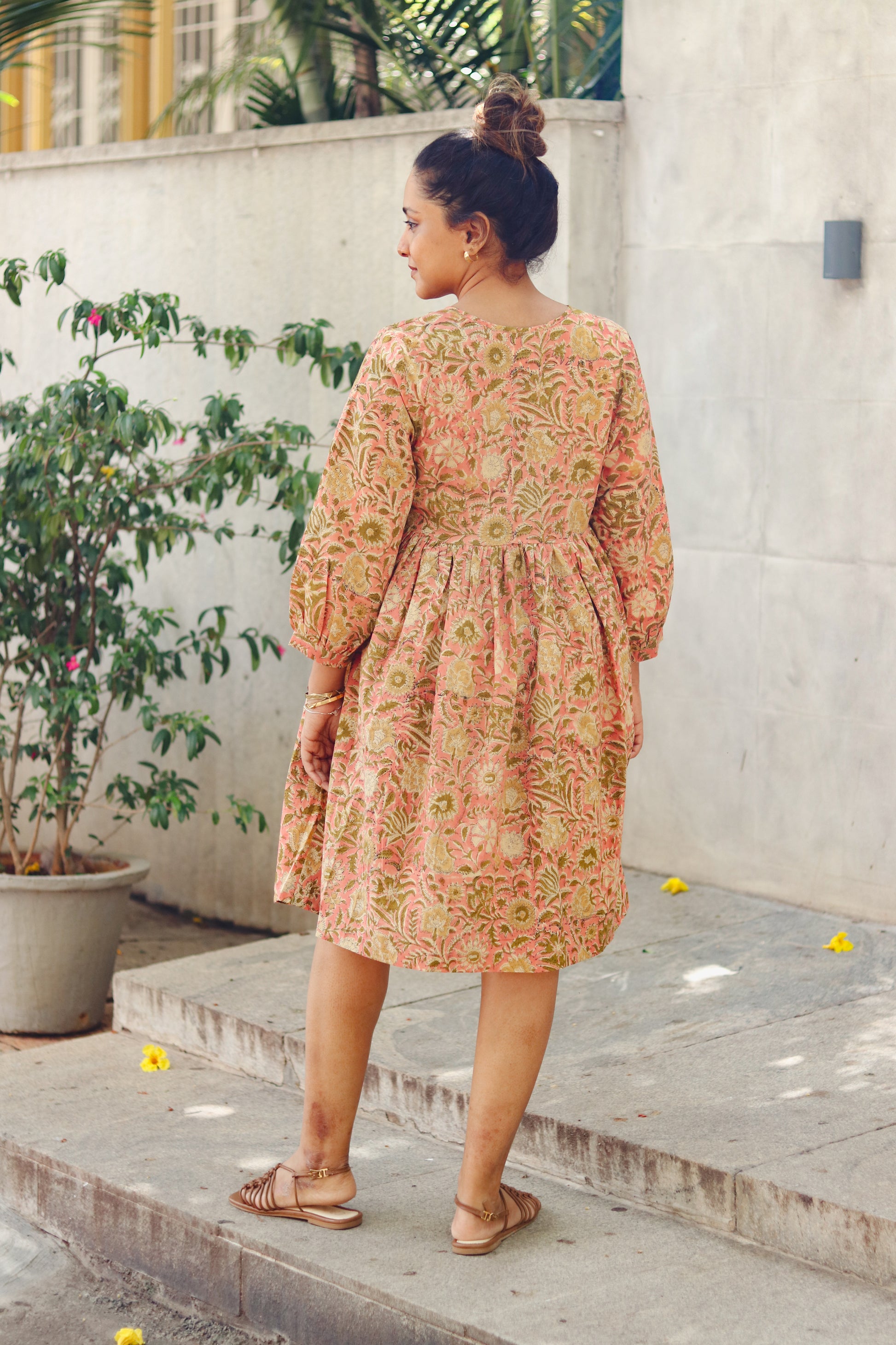 Women's Cotton Short Dress | Block Print | Pink & Green with 3/4th sleeves - back image