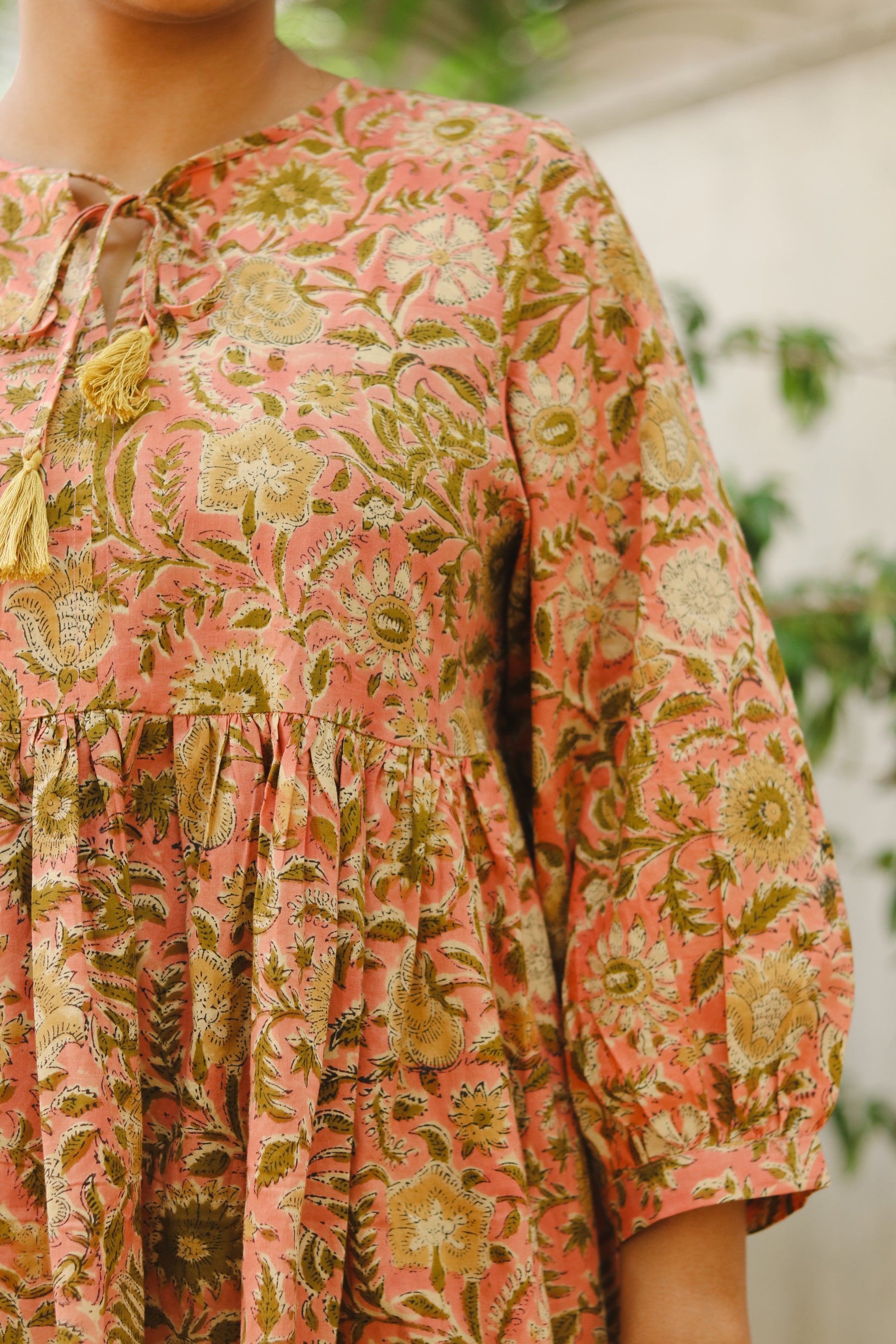 Women's Cotton Short Dress | Block Print | Pink & Green with 3/4th sleeves - front close-up image