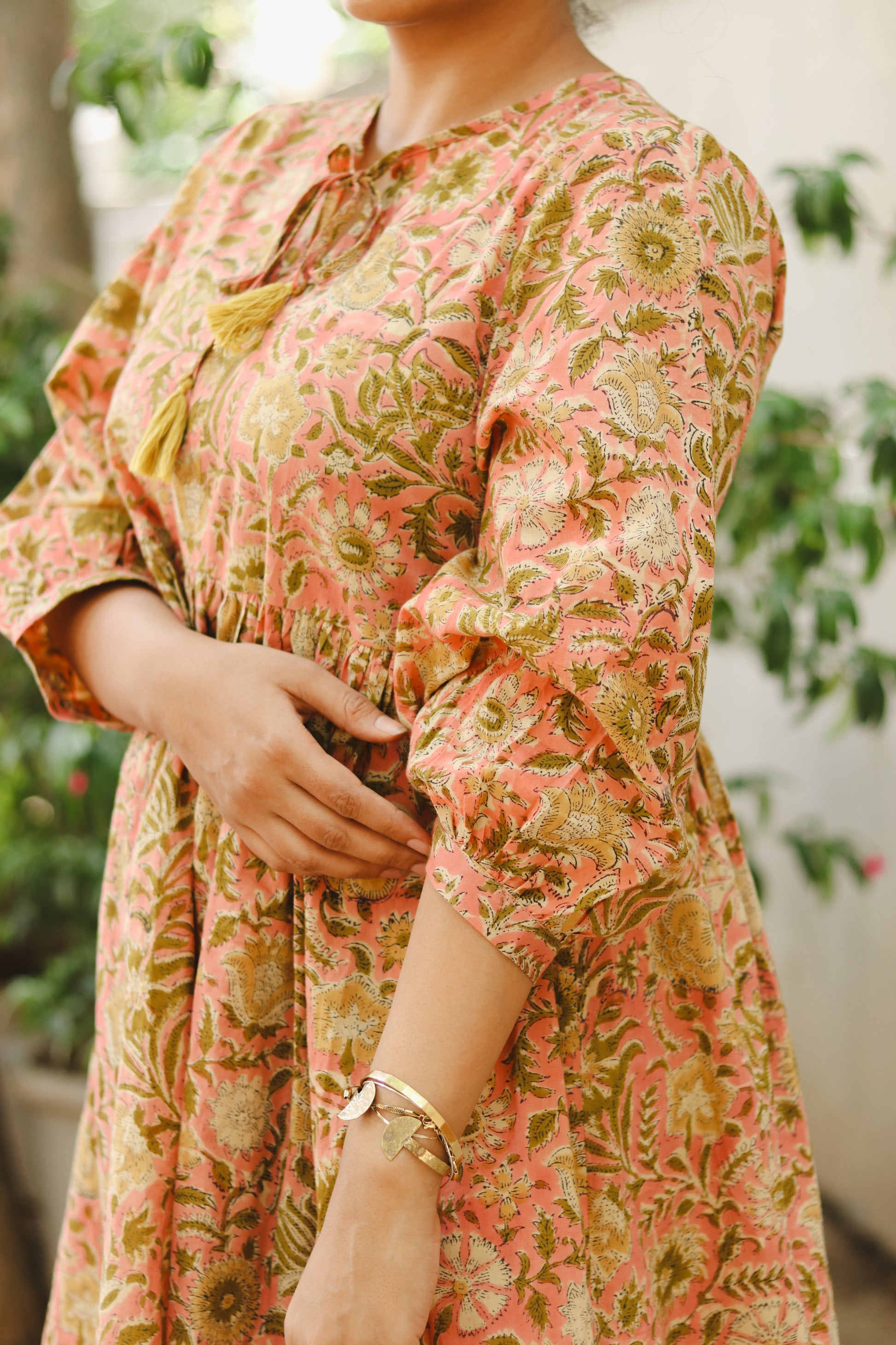 Women's Cotton Short Dress | Block Print | Pink & Green with 3/4th sleeves - close-up image