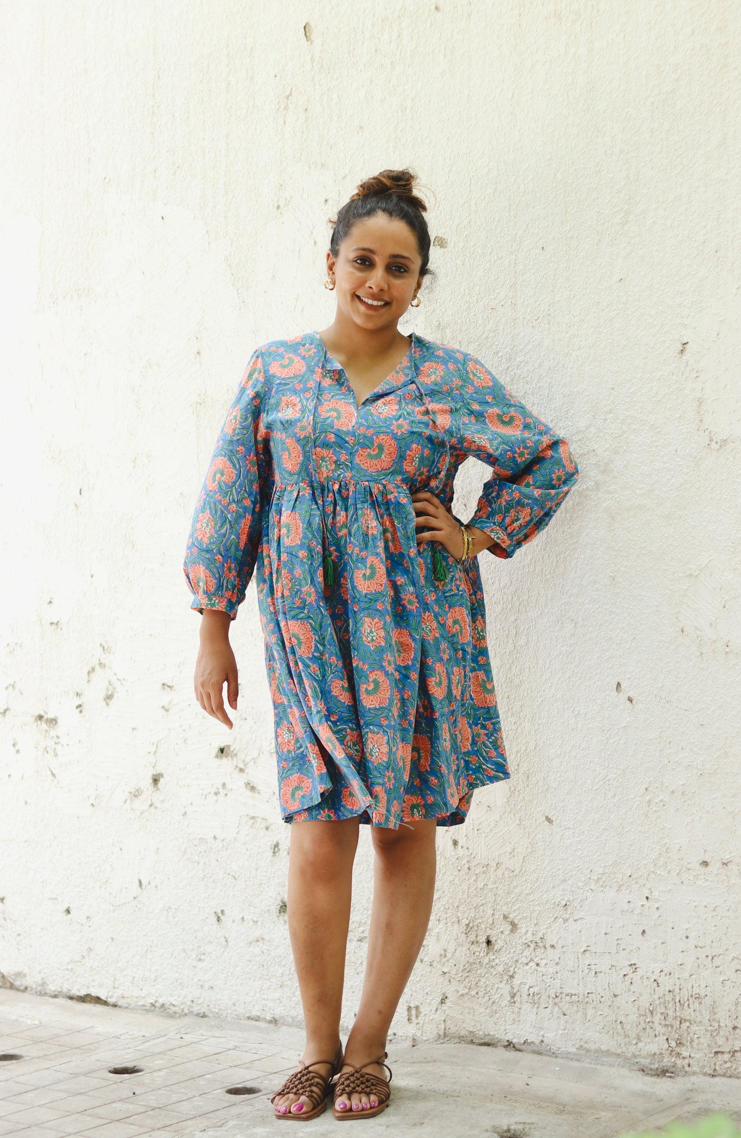 Women's Cotton Short Dress | Block Print | Blue  with 3/4th sleeves - full image