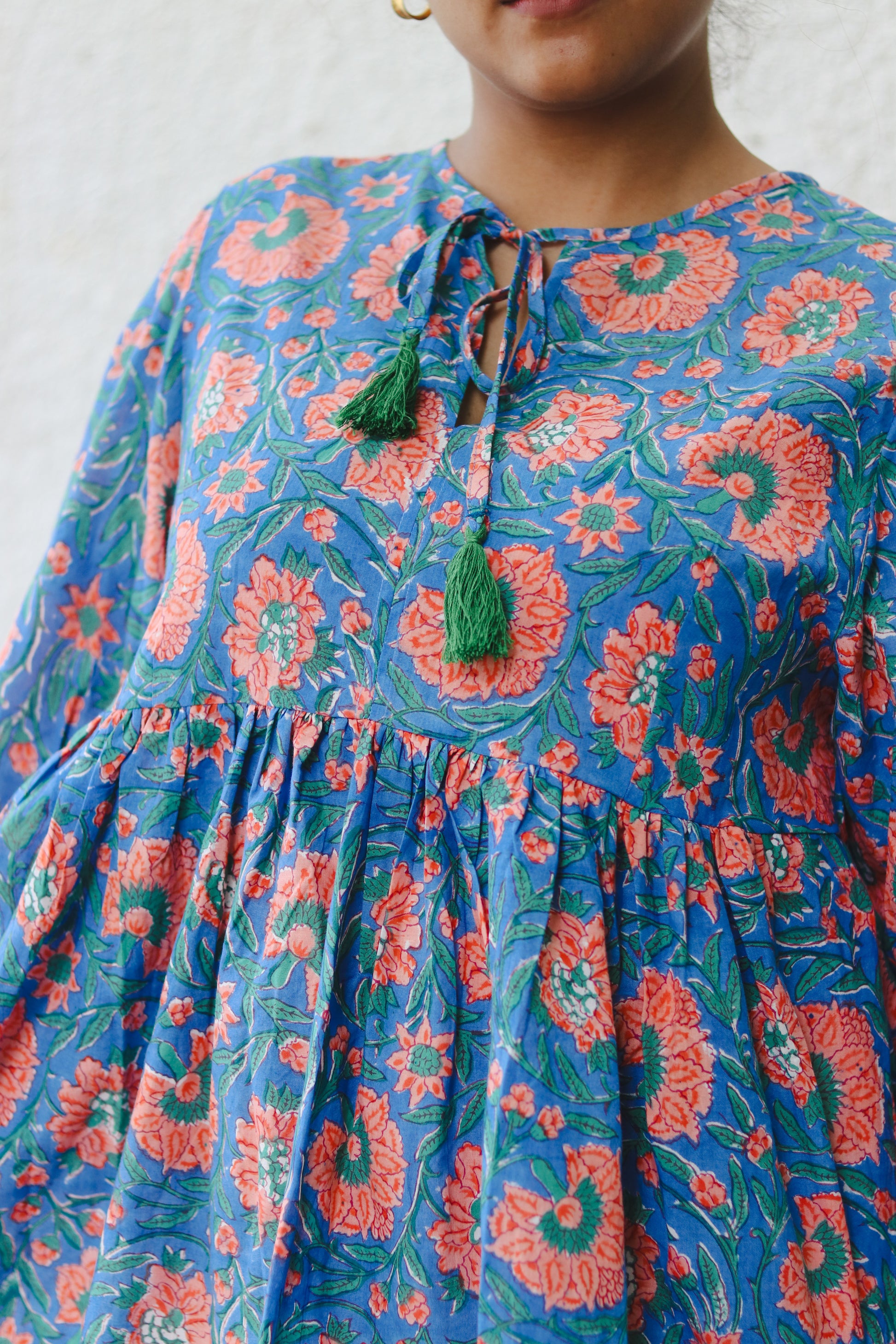 Women's Cotton Short Dress | Block Print | Blue with 3/4th sleeves - close-up image