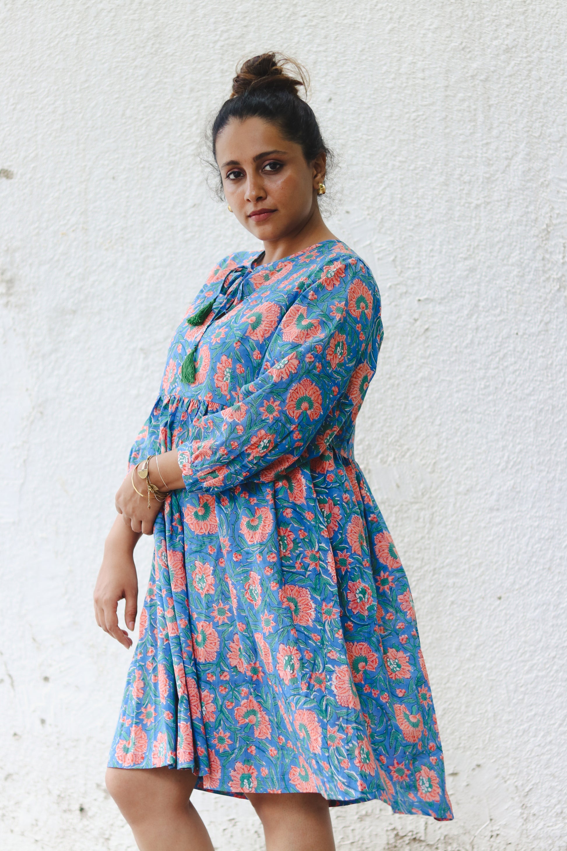 Women's Cotton Short Dress | Block Print | Blue with 3/4th sleeves - side image