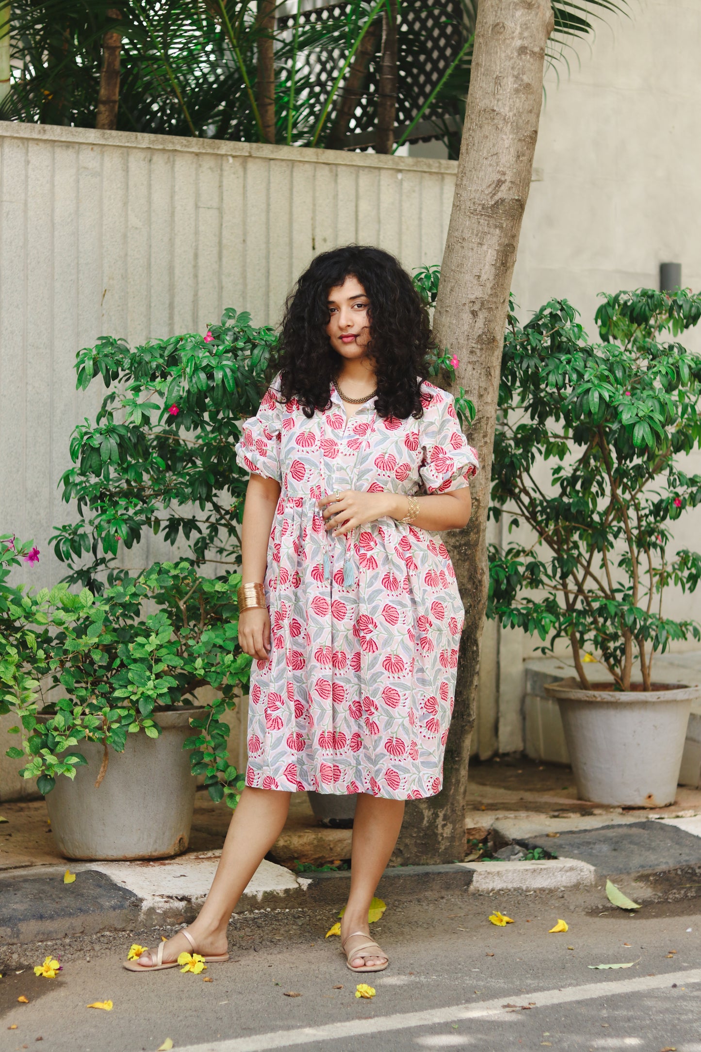 Women's Cotton Short Dress | Block Print | Grey & Red with 3/4th sleeves - full image