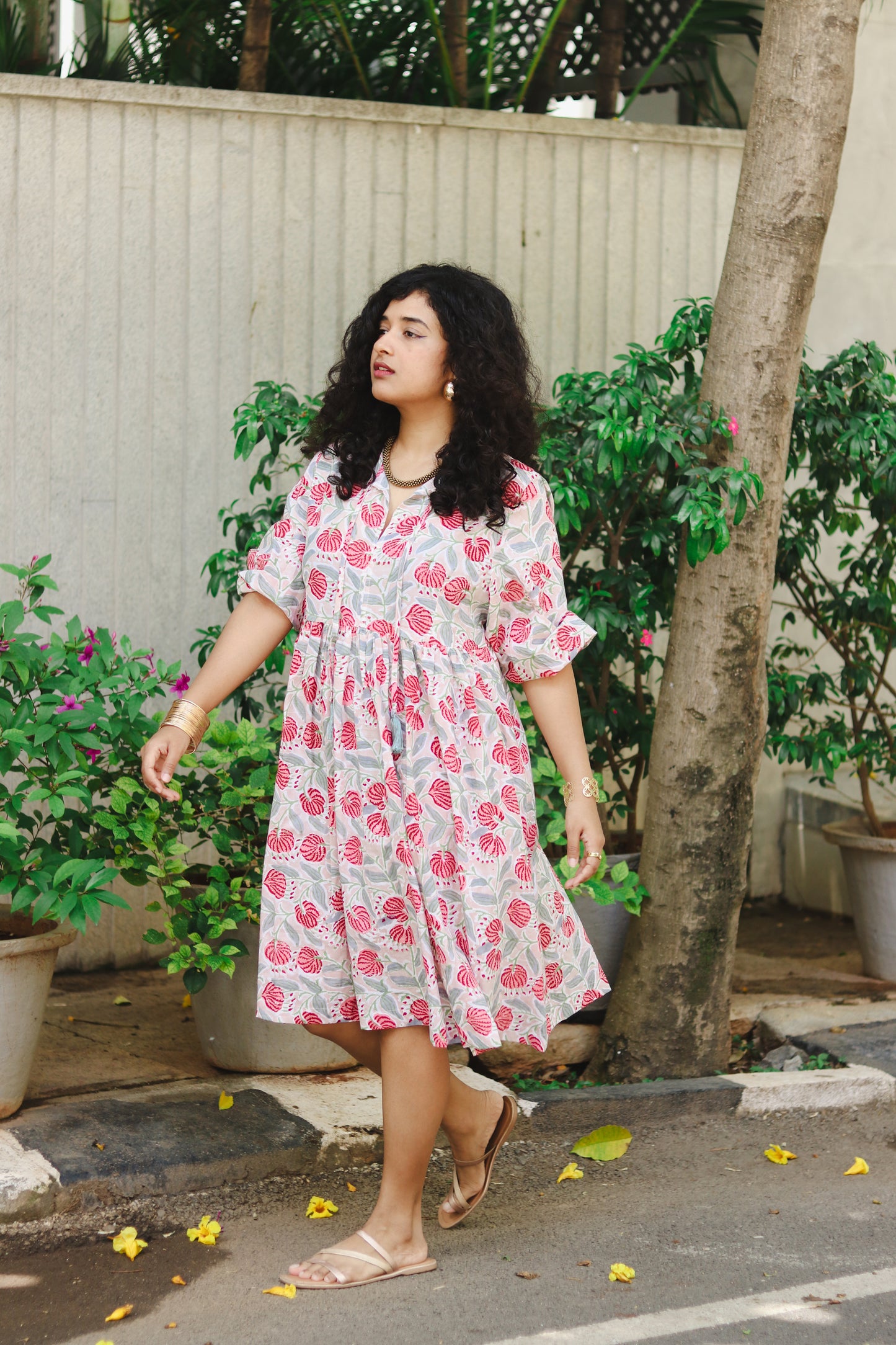 Women's Cotton Short Dress | Block Print | Grey & Red with 3/4th sleeves -side image