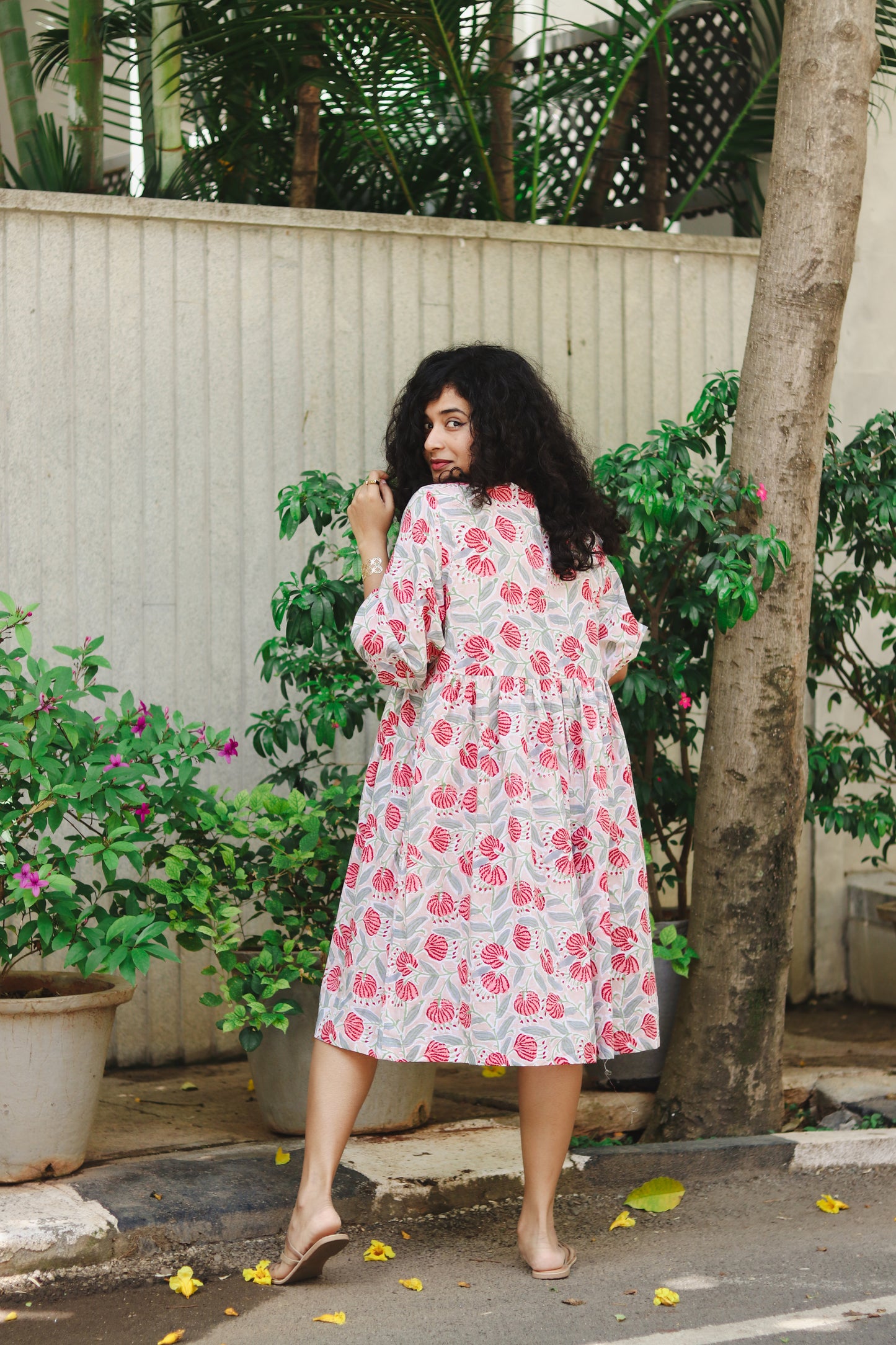 Women's Cotton Short Dress | Block Print | Grey & Red with 3/4th sleeves - back image