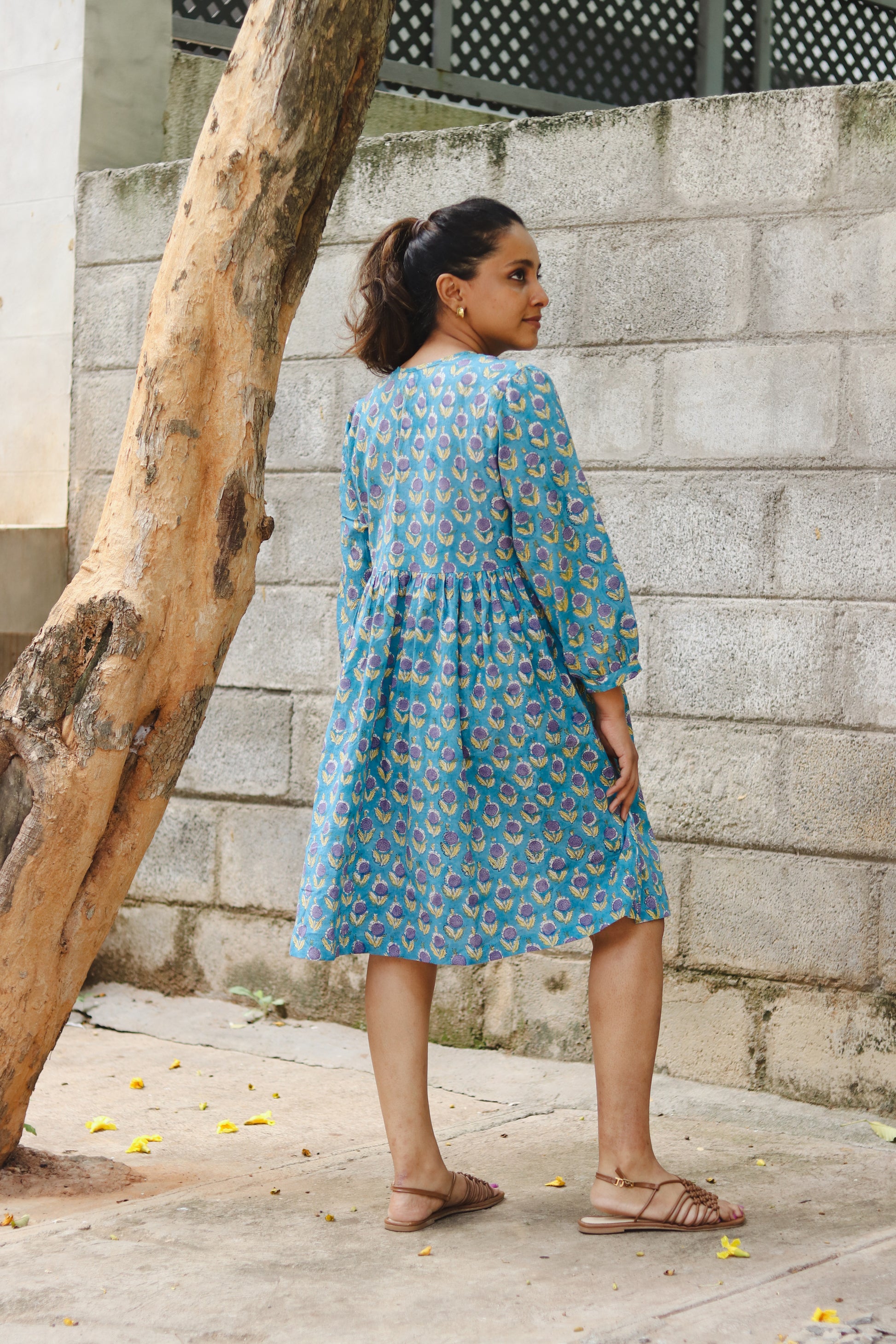 Women's Cotton Short Dress | Block Print | Blue & Purple with 3/4th sleeves -back image