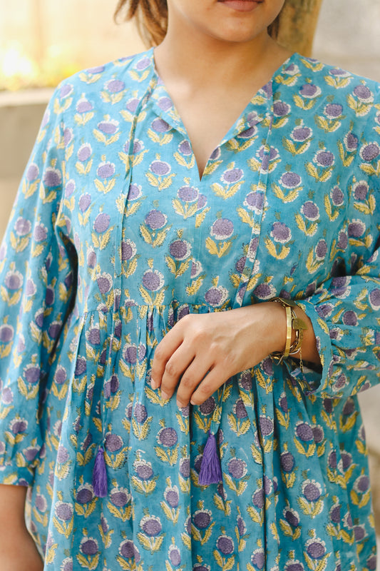 Women's Cotton Short Dress | Block Print | Blue & Purple with 3/4th sleeves - front close-up image