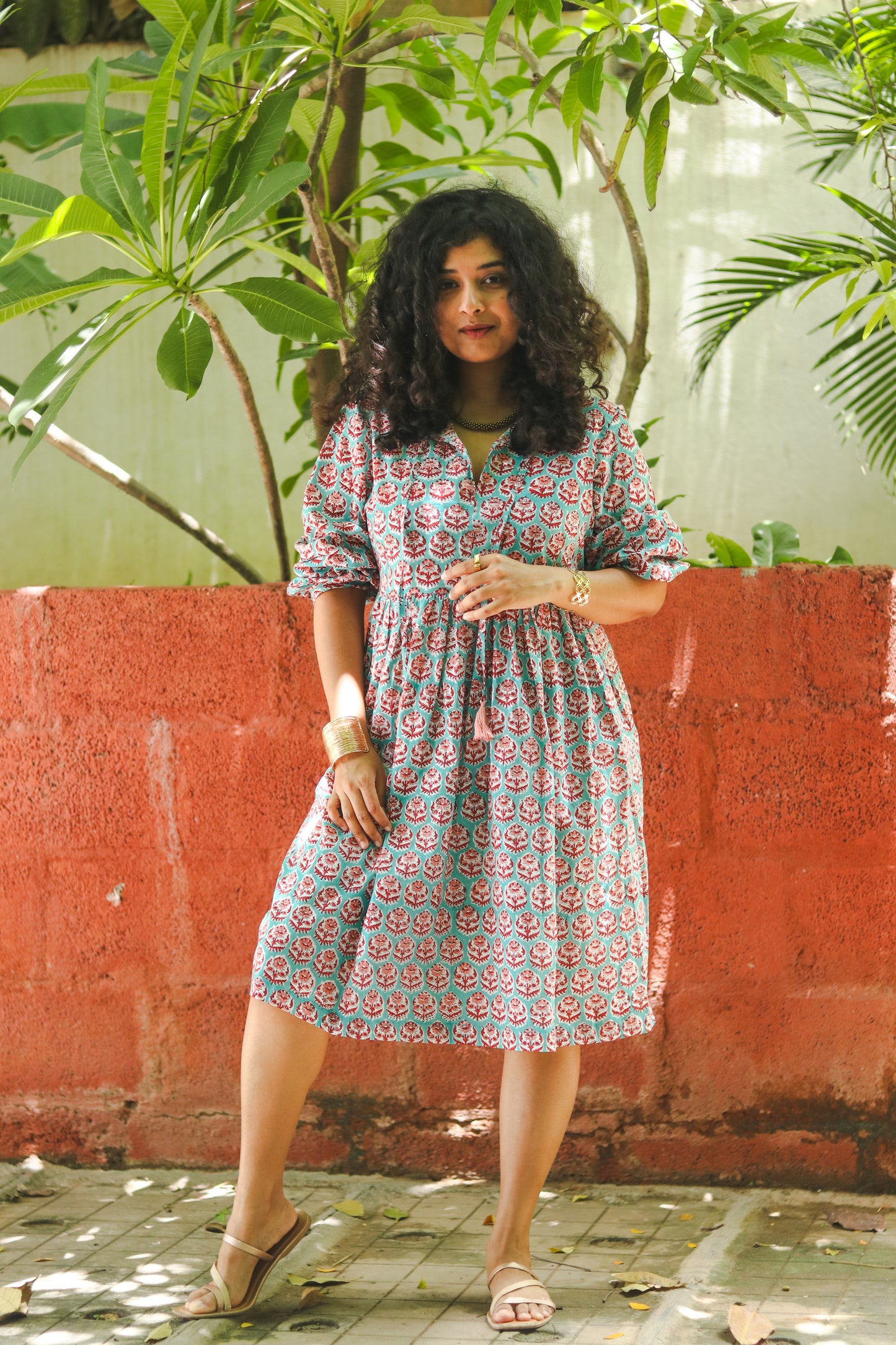 Women's Cotton Short Dress | Block Print | Blue & Red with 3/4th sleeves - full image