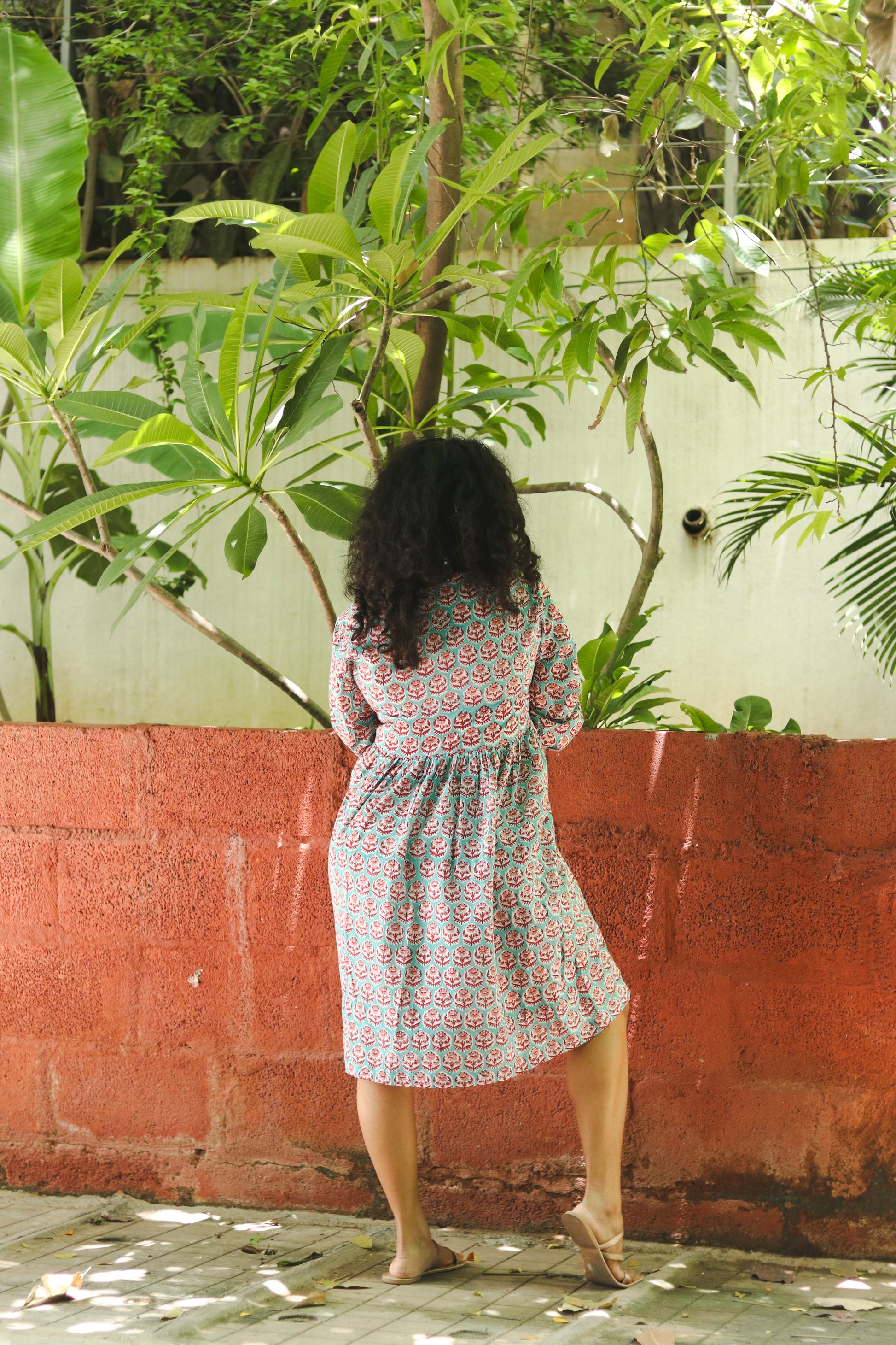 Women's Cotton Short Dress | Block Print | Blue & Red with 3/4th sleeves - back image