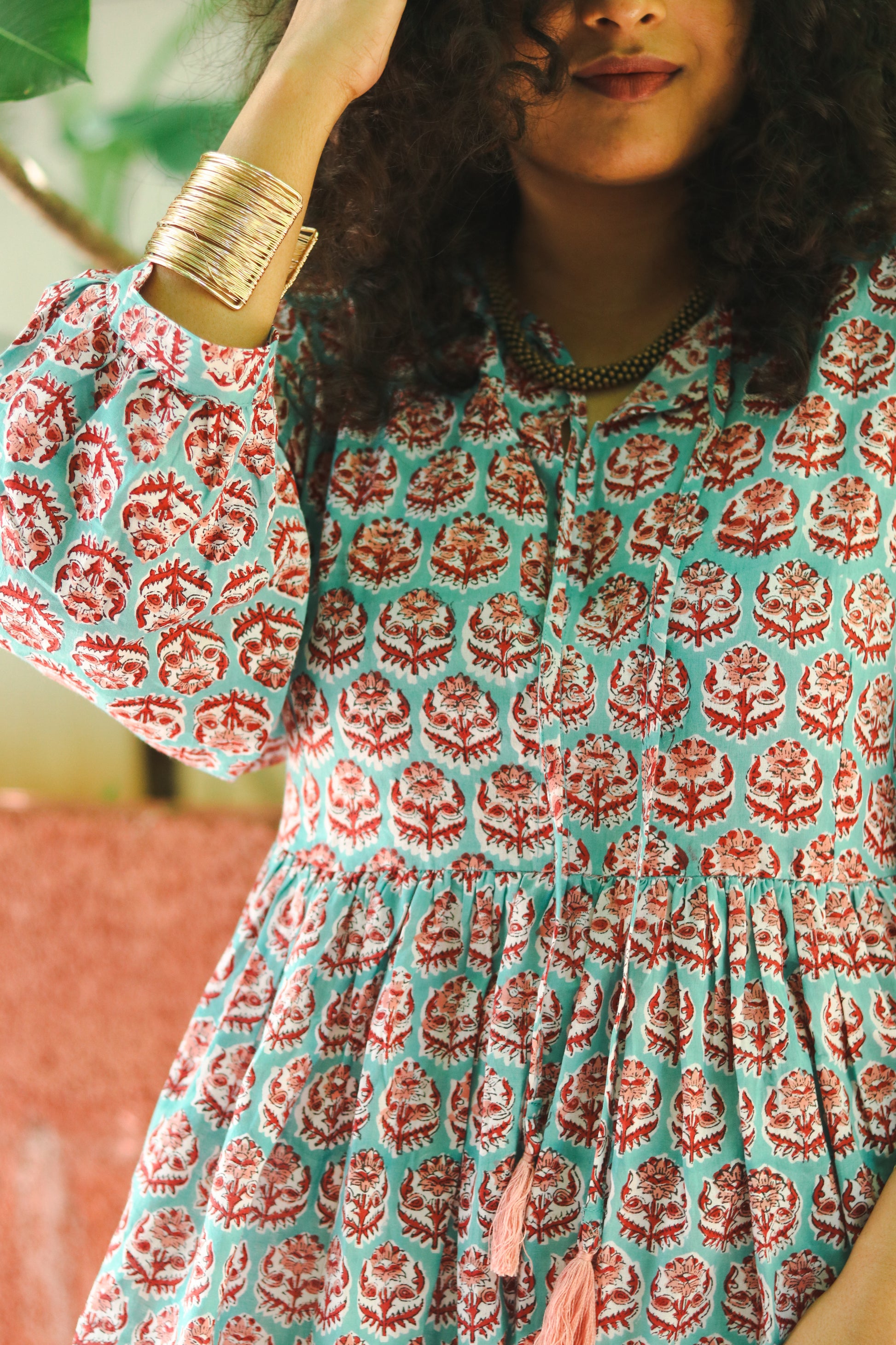 Women's Cotton Short Dress | Block Print | Blue & Red with 3/4th sleeves -close-up image