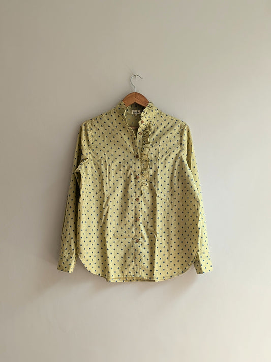 Women's full sleeves cotton ruffle shirt in lemon yellow  - Front Image