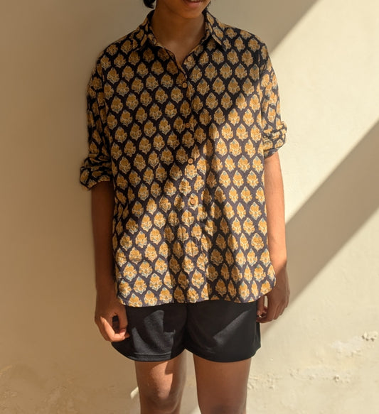 Women's Oversized Shirt | Block Print | Navy Blue