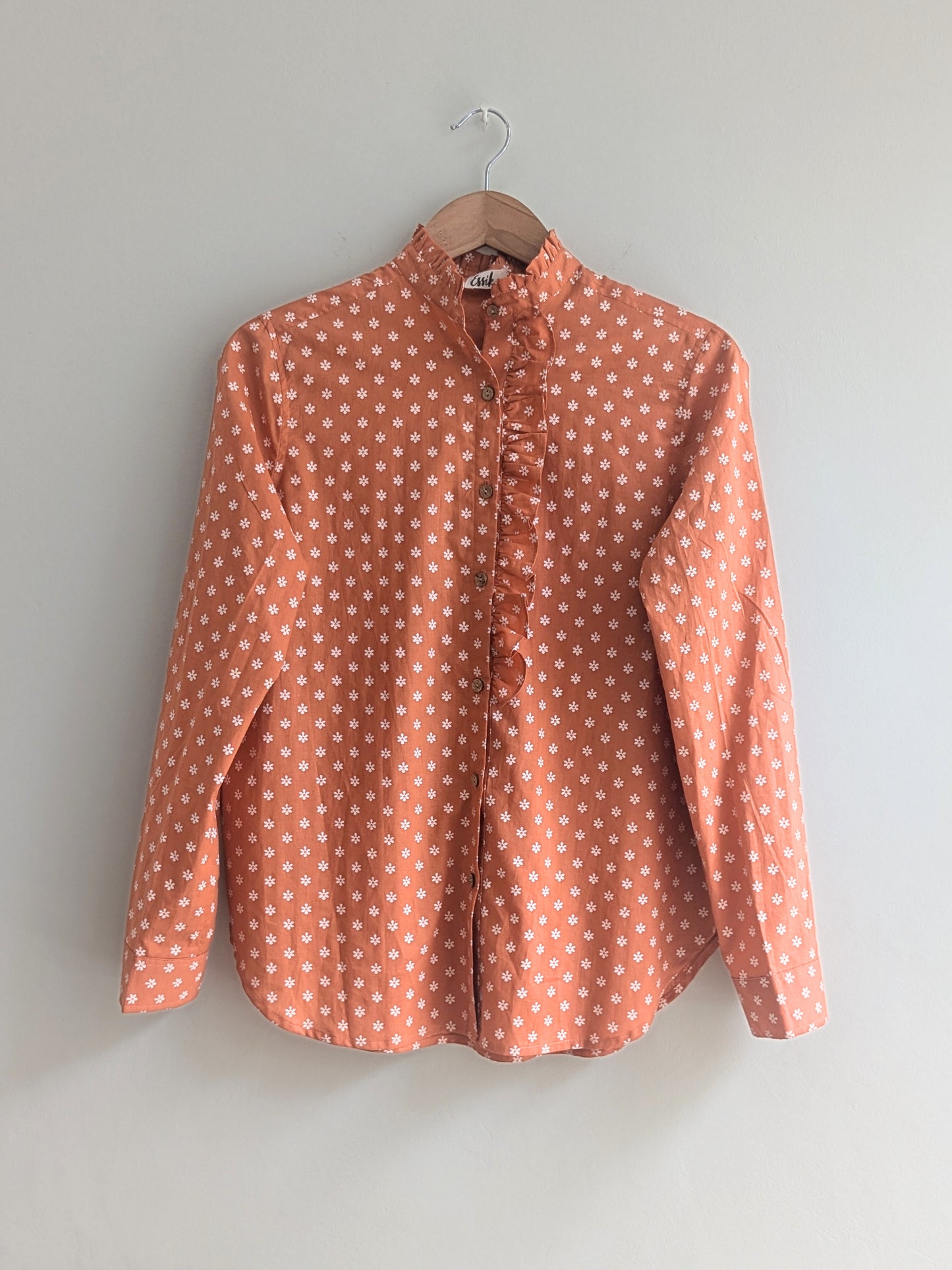 Women's full sleeves cotton ruffle shirt in  orange  - front image