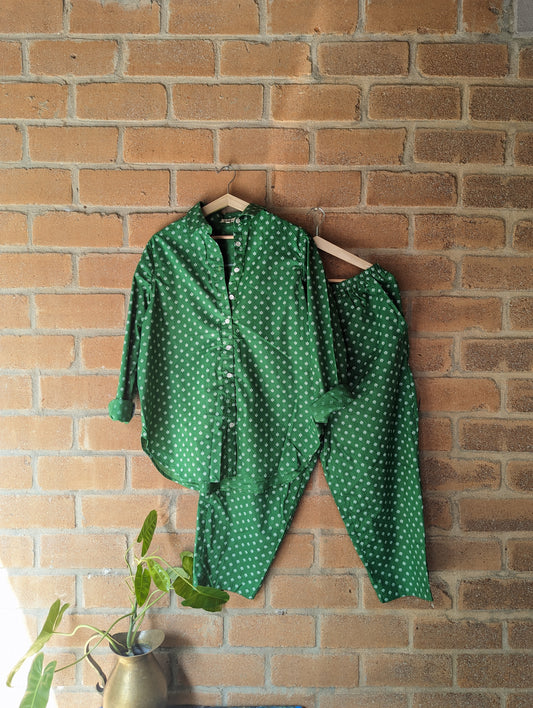 Women's Cotton Shirt and Pant  set - Coord Set - Green - Front Image