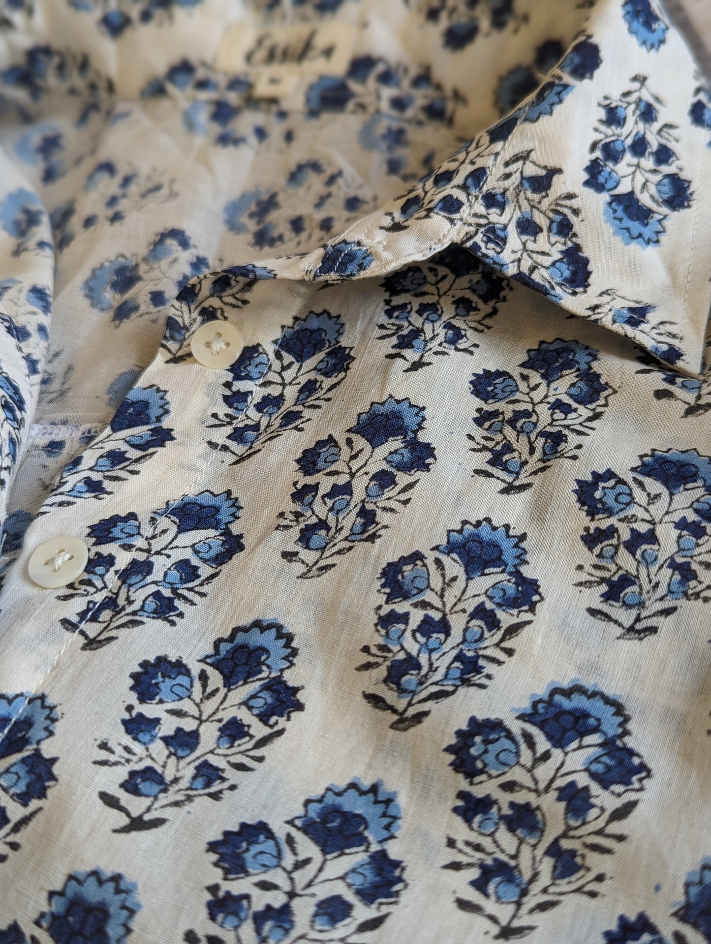 Cotton Regular Full Sleeves Dark Blue Block Print Shirt - Closeup  Image