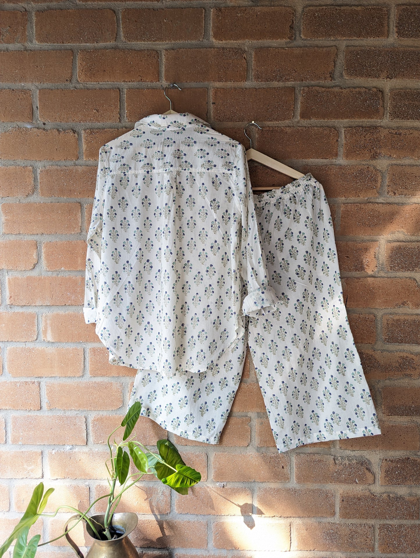 Women's Cotton Regular Shirt and Pant Set - Teal and Indigo - Back Image