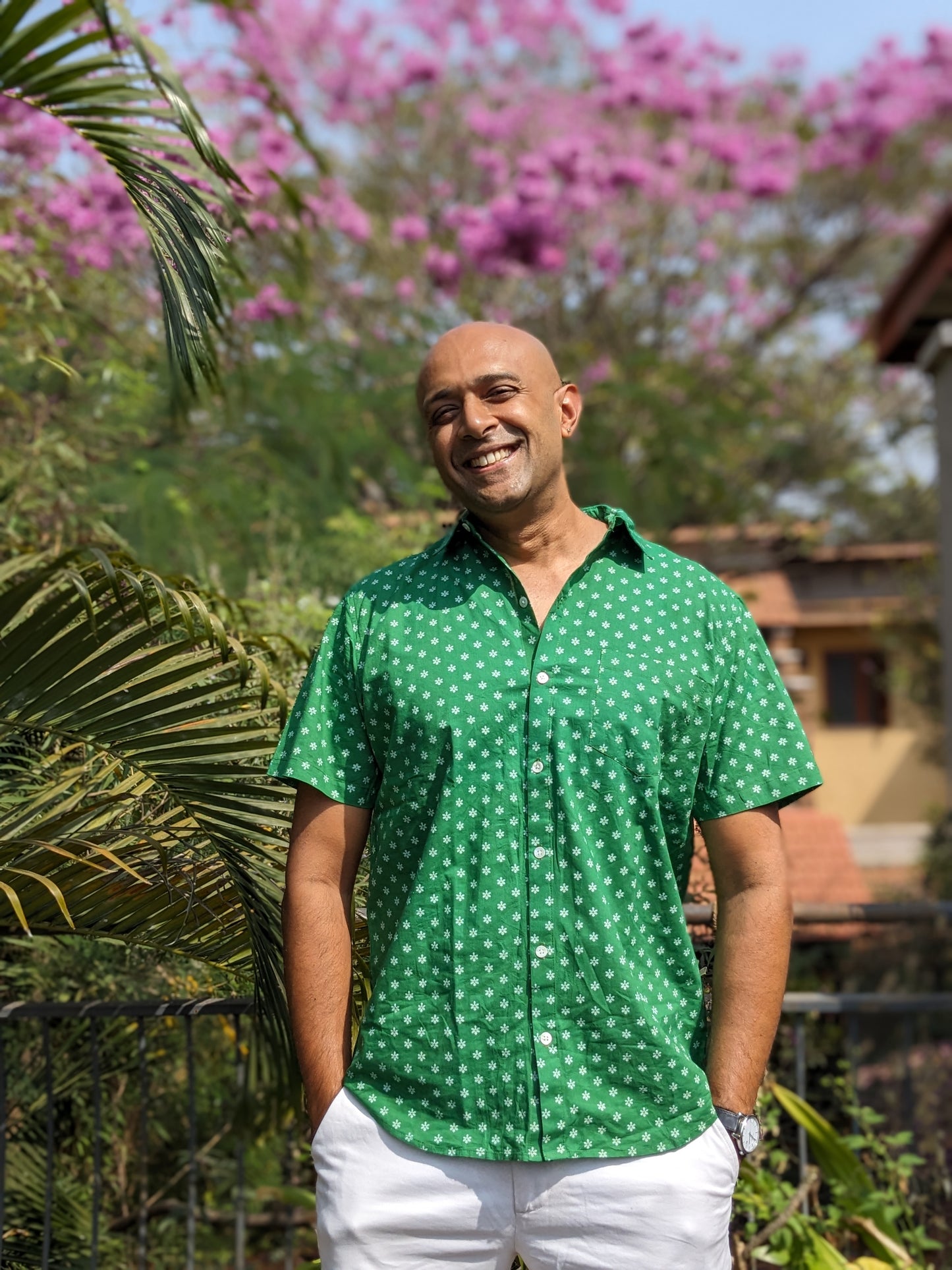 Men's regular fit cotton half sleeves shirt - Green - Front Image