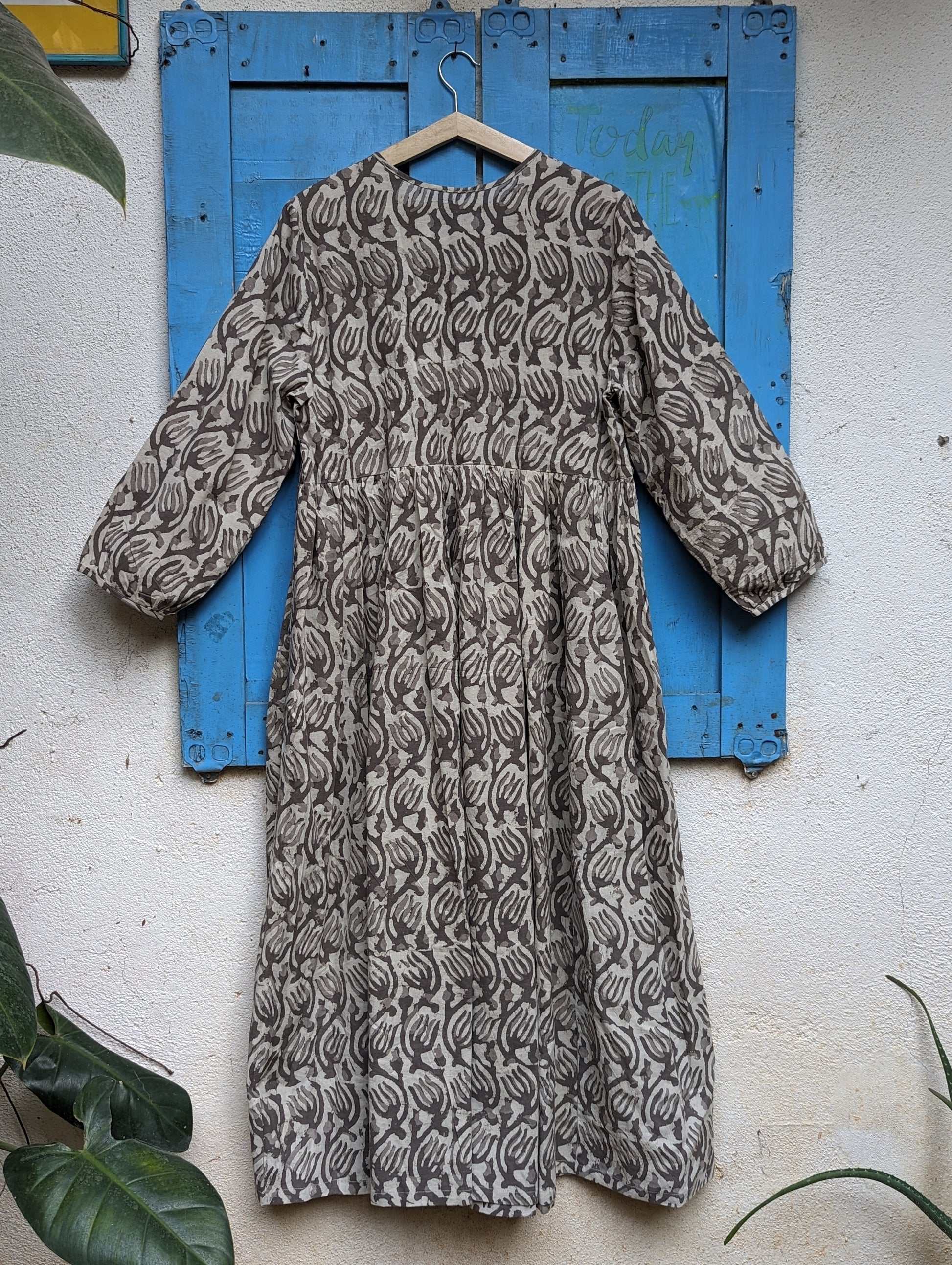 Women's cotton full length dress with 3/4th sleeves, block print - Back image