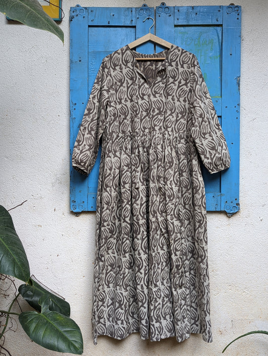 Women's cotton full length dress with 3/4th sleeves, block print - Front image