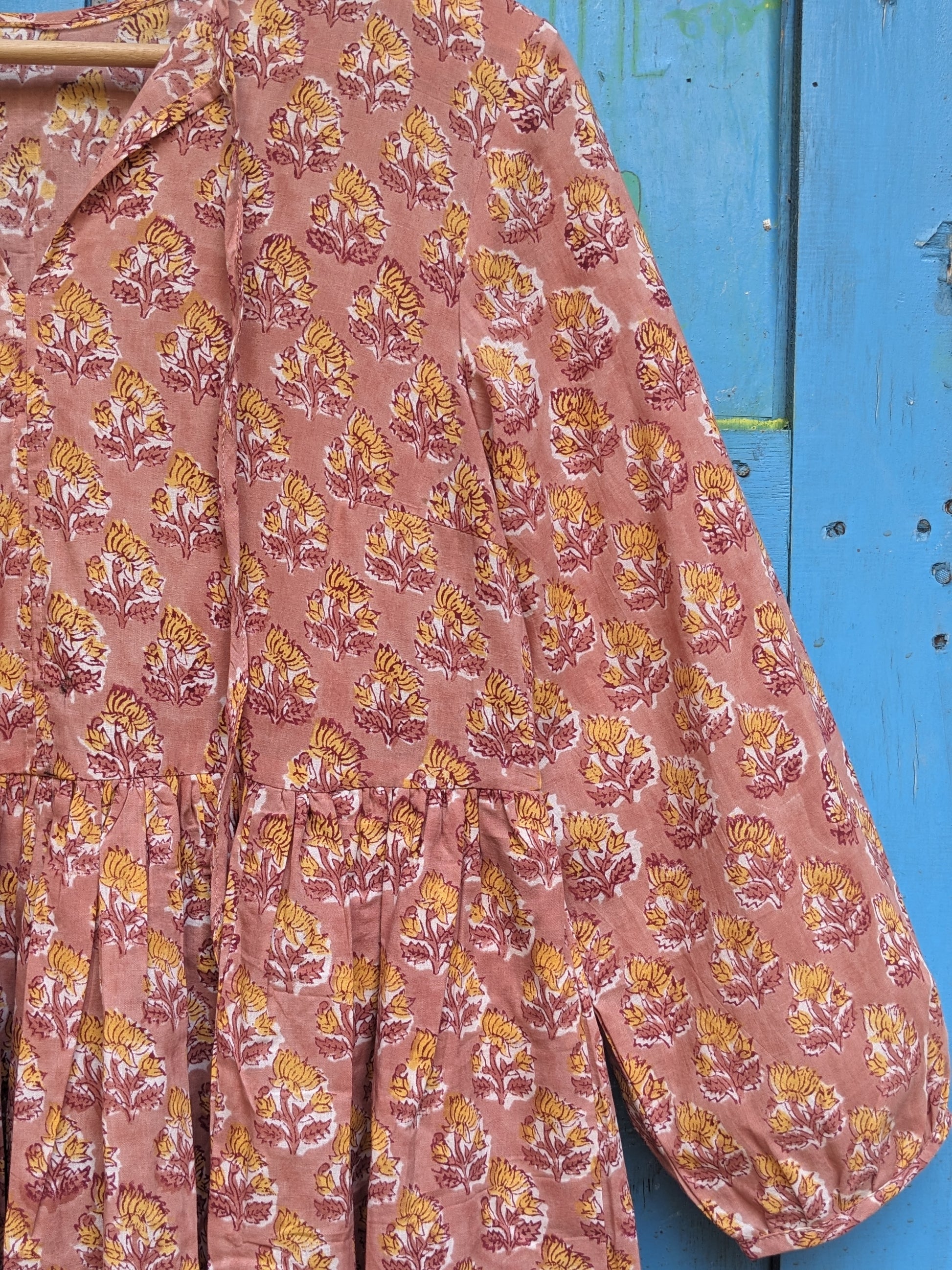 Women's cotton full length dress with 3/4th sleeves, block print - Closeup image